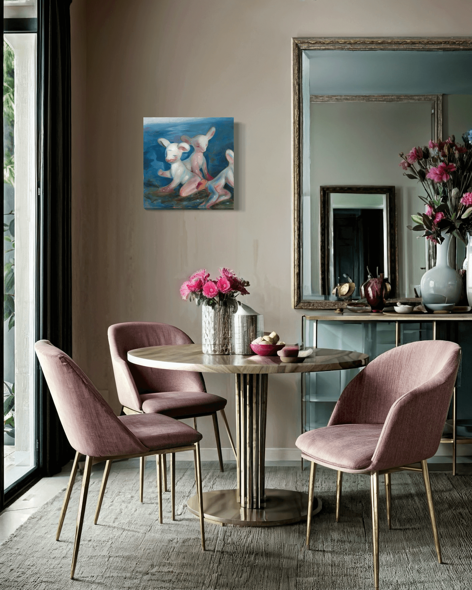 Modern dining room with pink chairs, round wooden table, flowers, and framed abstract surrealism painting by artist Yasy Bachurina on the wall.