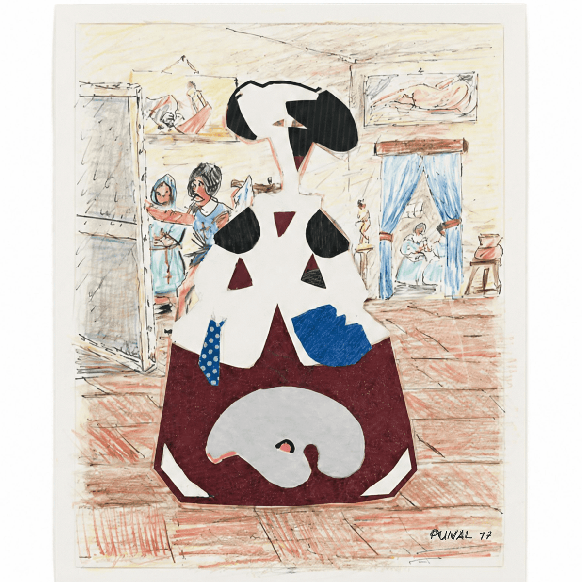 Menina (2017) by Luis Rodríguez Puñal, a figurative drawing featuring a stylized menina in a vibrant interior.