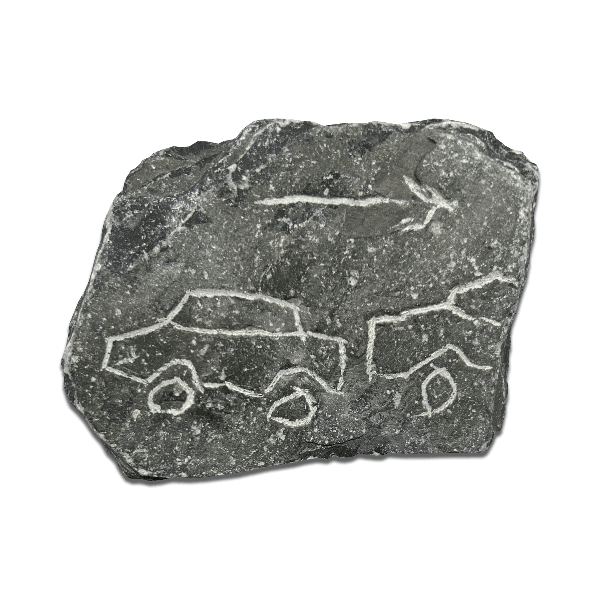 Ancient rock carving depicting two vehicles and an arrow, showcasing prehistoric transportation.
