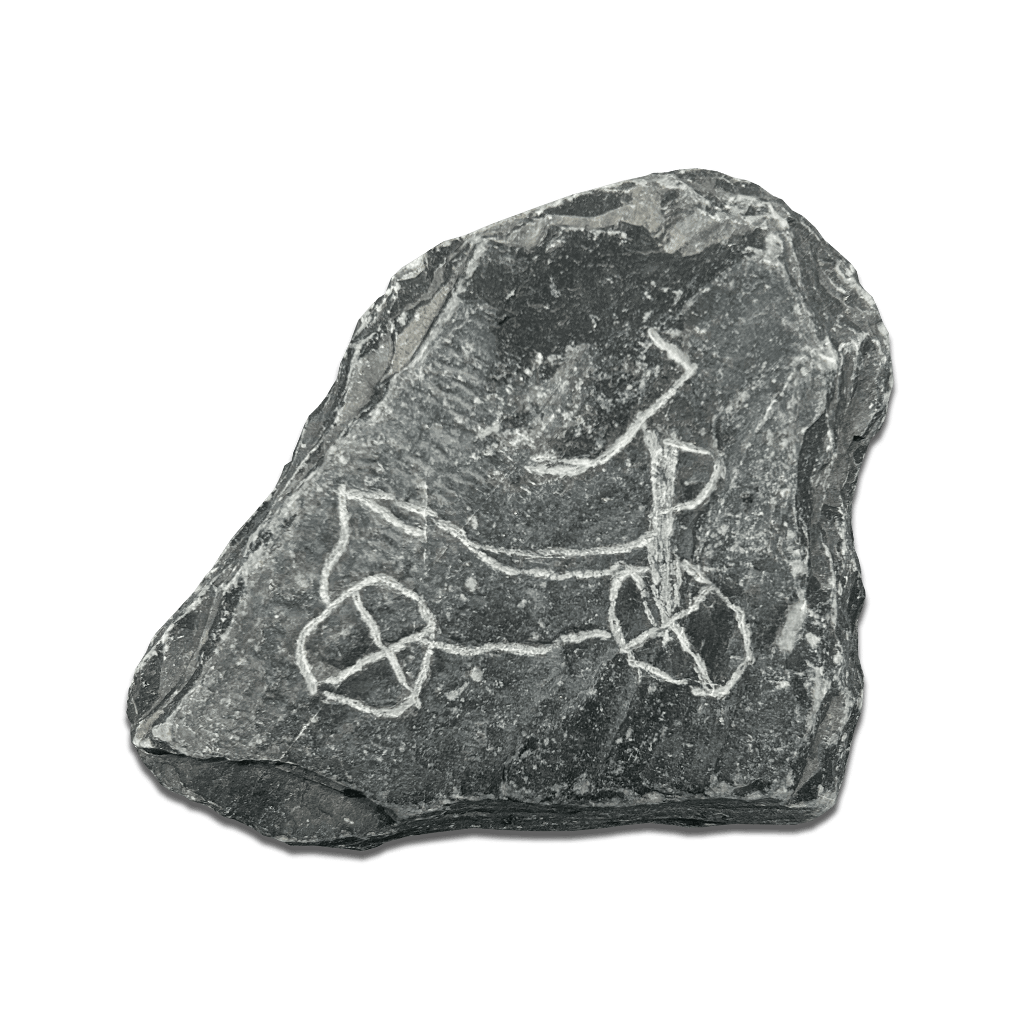 Ancient stone artifact featuring a carved depiction of a cart or stroller with wheels.