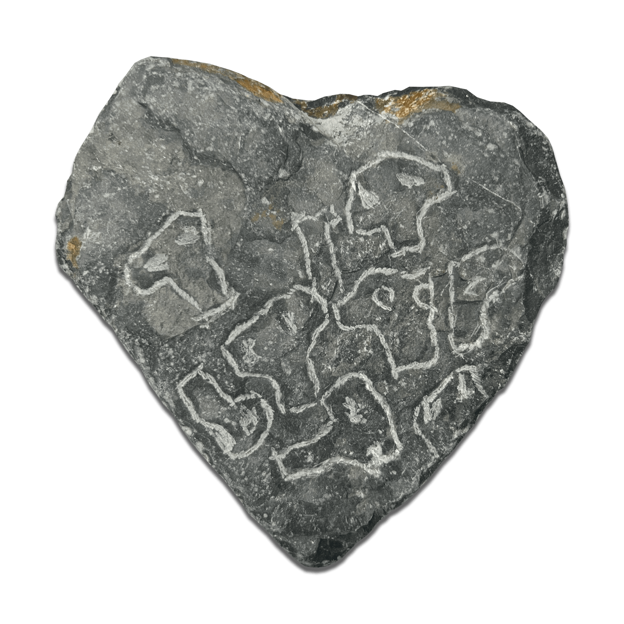 Heart-shaped stone featuring ancient carvings, highlighting unique natural textures and designs.