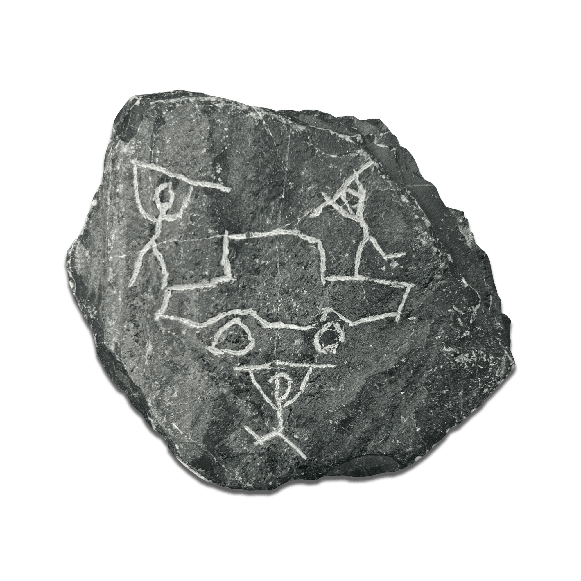 Ancient petroglyph on stone depicting figures and symbols, showcasing prehistoric artistry.