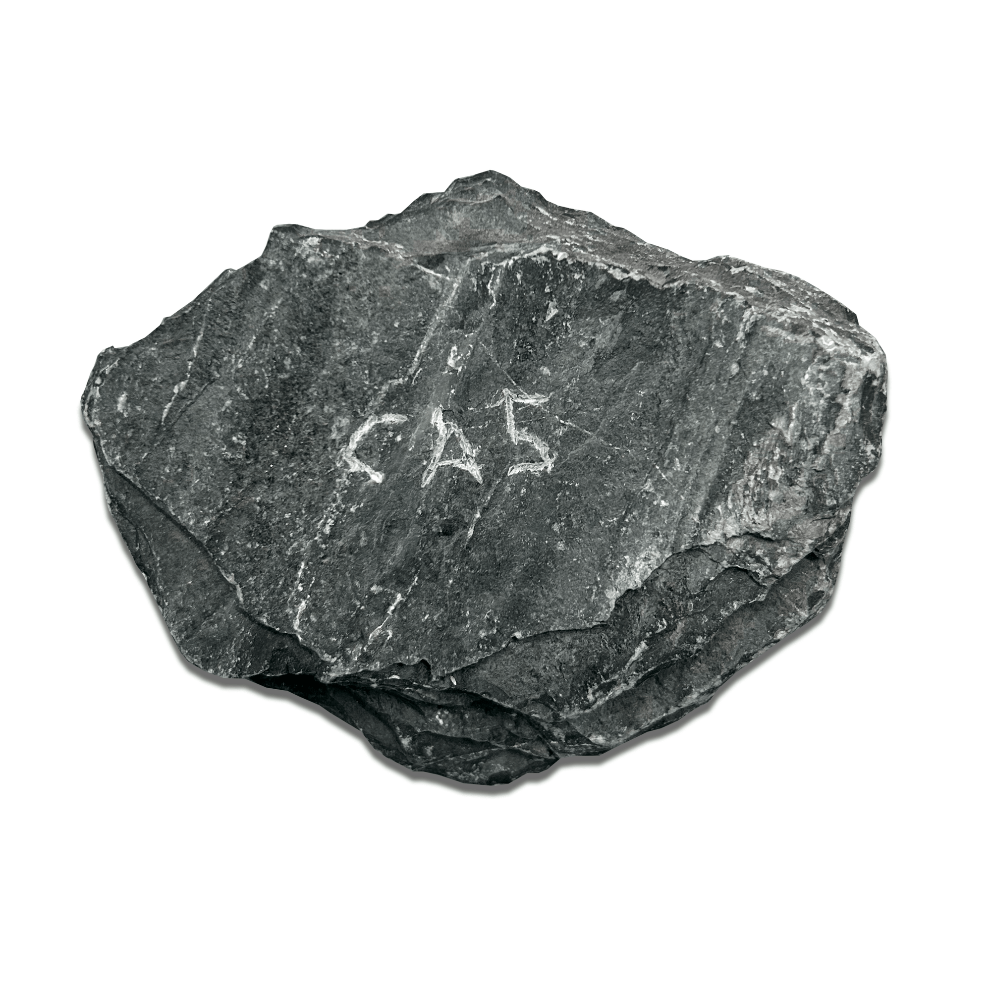 Black rock with a white inscription 'C45' on the surface, showcasing natural textures and formations.