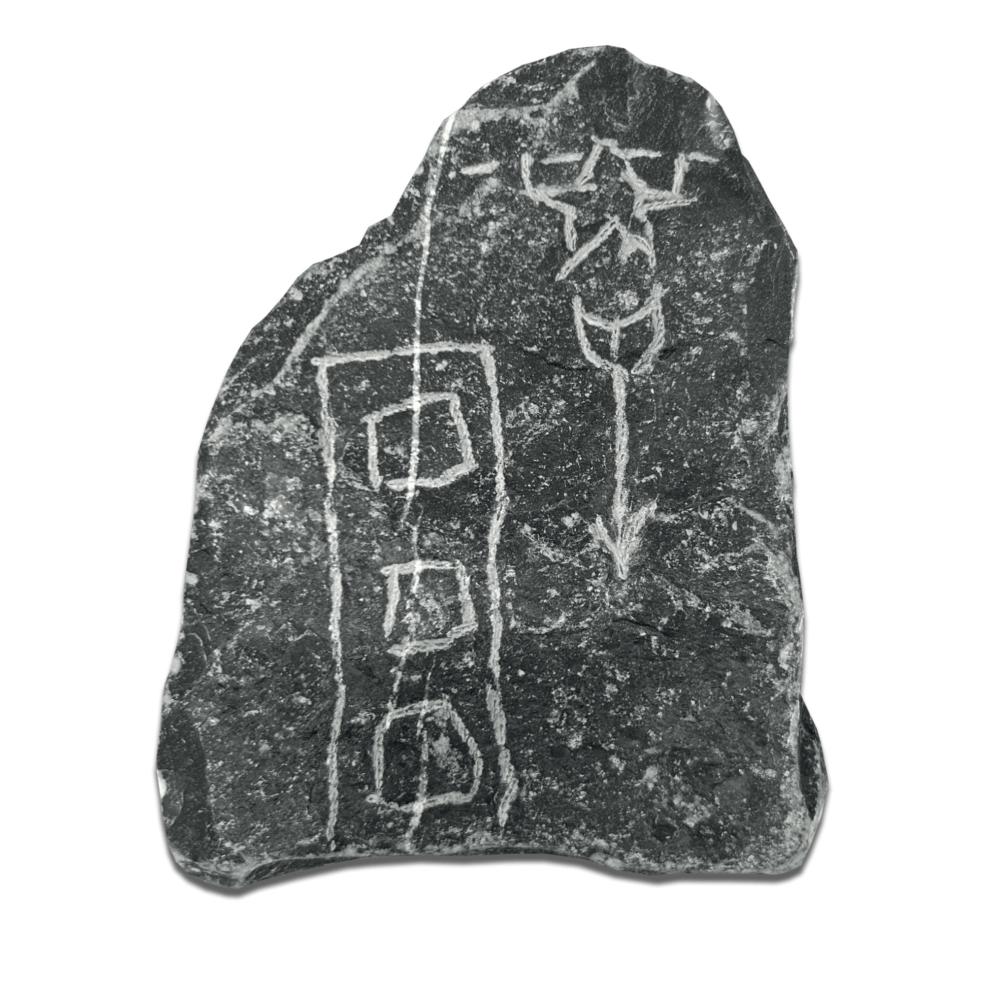 Ancient rock with symbolic engravings, depicting geometric shapes and a stylized figure.