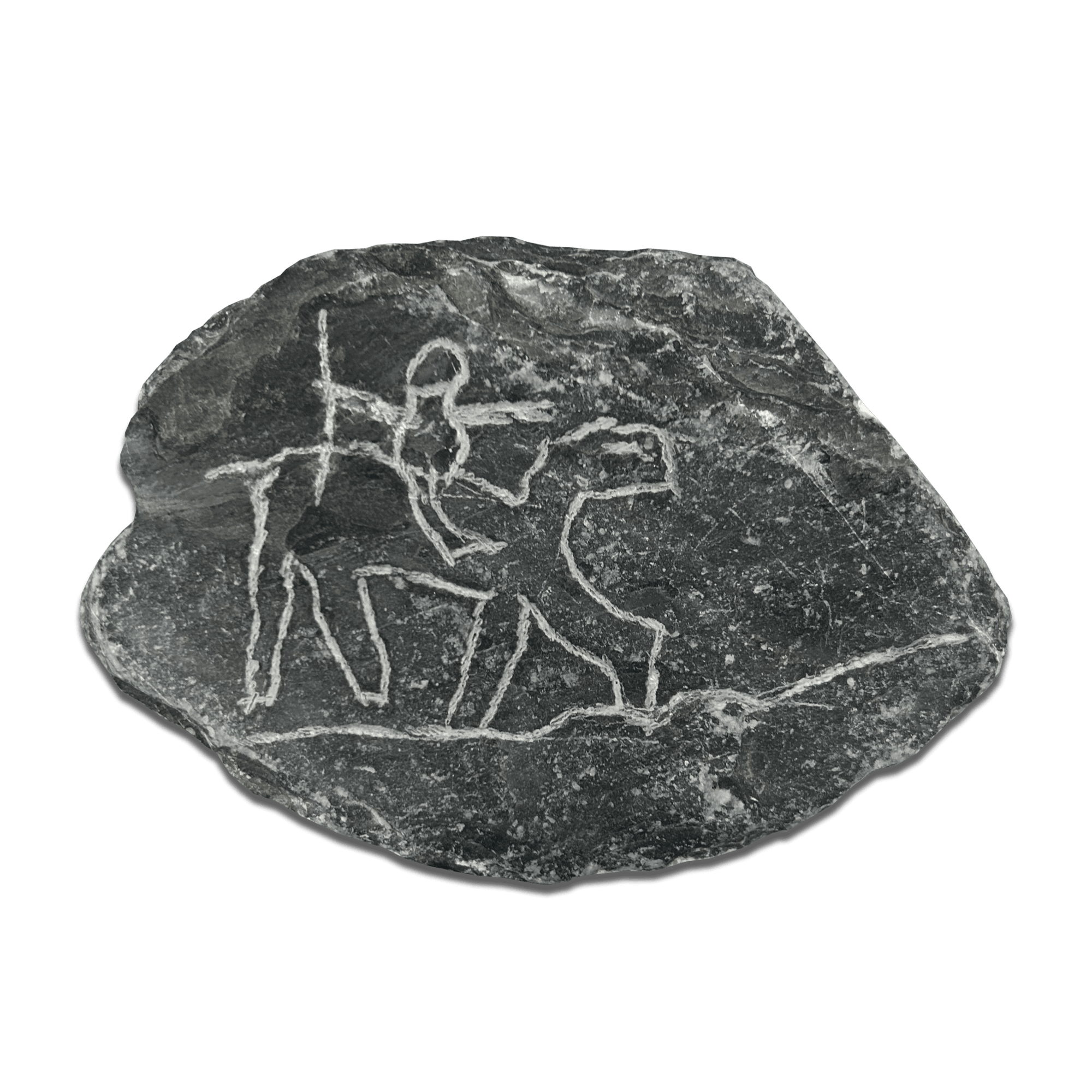 Ancient rock engraving depicting a horse and rider, showcasing historical art style.