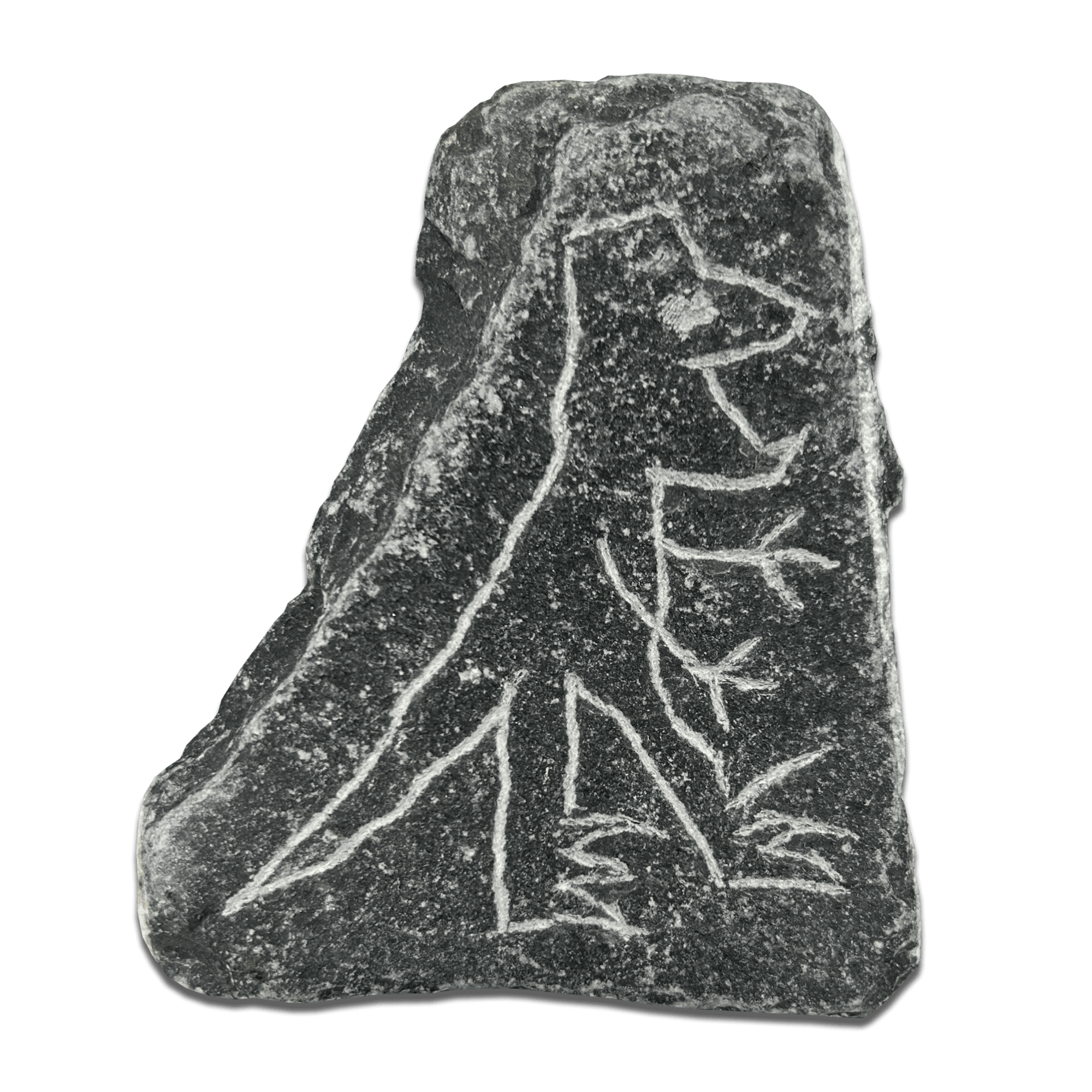 Ancient rock carving depicting a stylized dinosaur-like figure on a rugged stone surface.