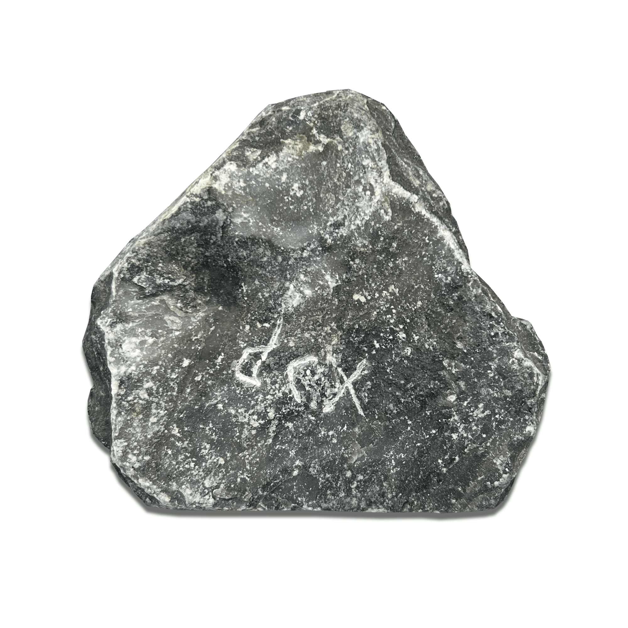 Close-up of a rough, dark stone with a white inscription, suitable for geological studies or decorative purposes.