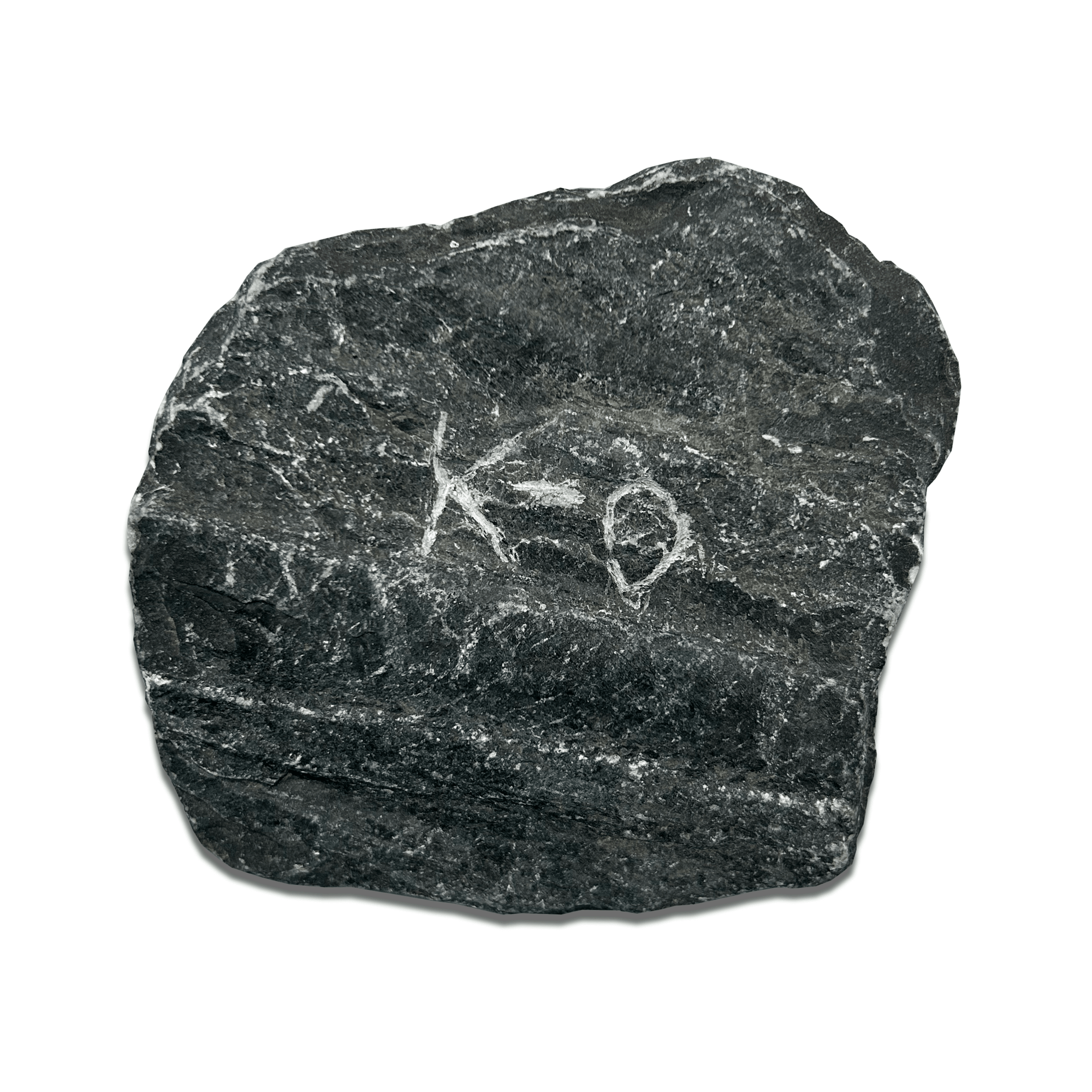Black rock with a white inscription of 'K-0' engraved on its surface.