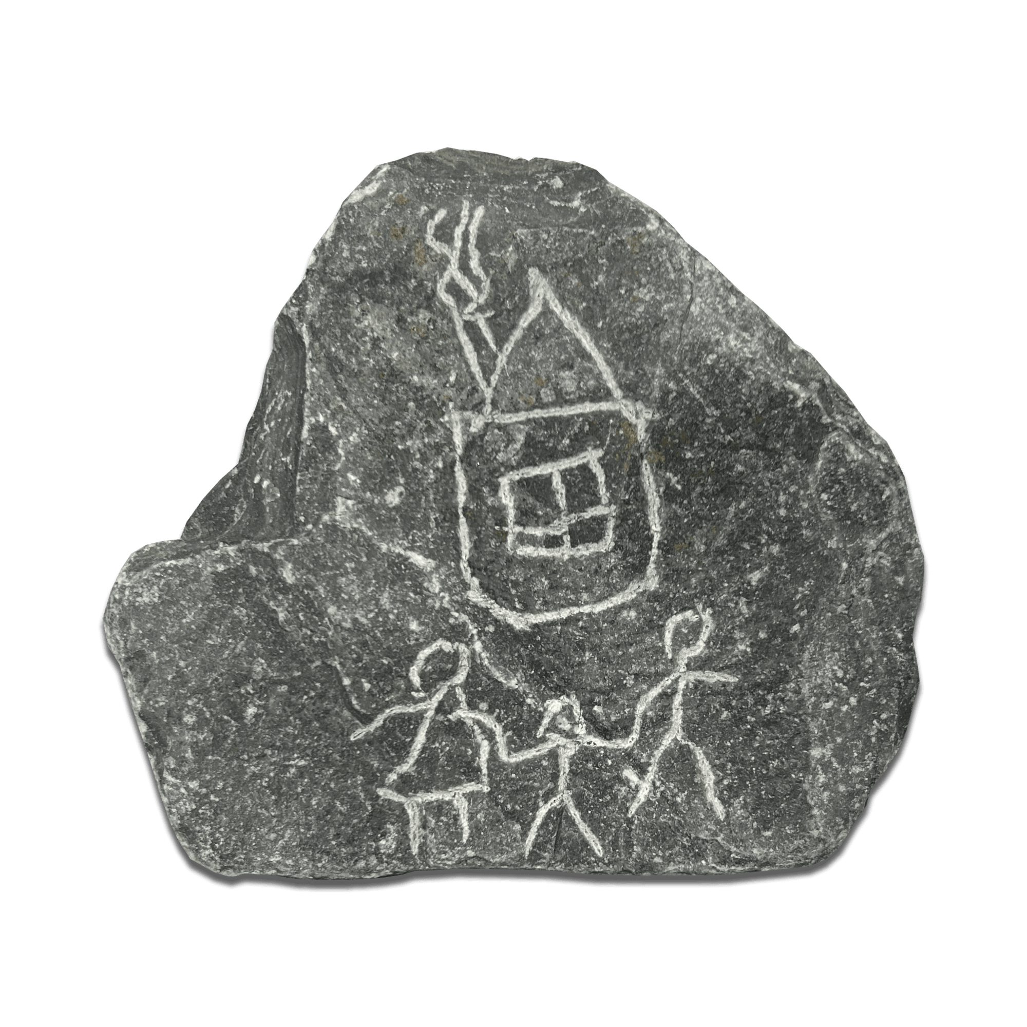 Petroglyph on stone depicting a house and two figures holding hands, representing family and community.