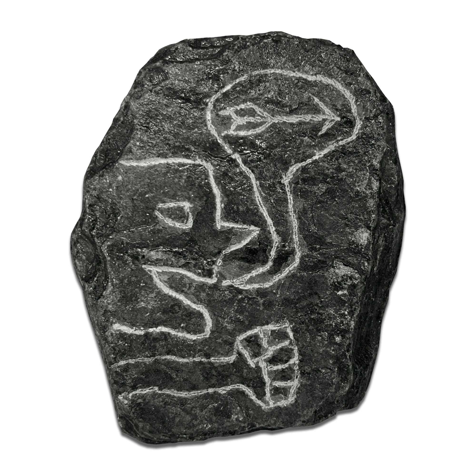 Ancient stone artifact featuring carved figures and symbols, showcasing historical rock art.