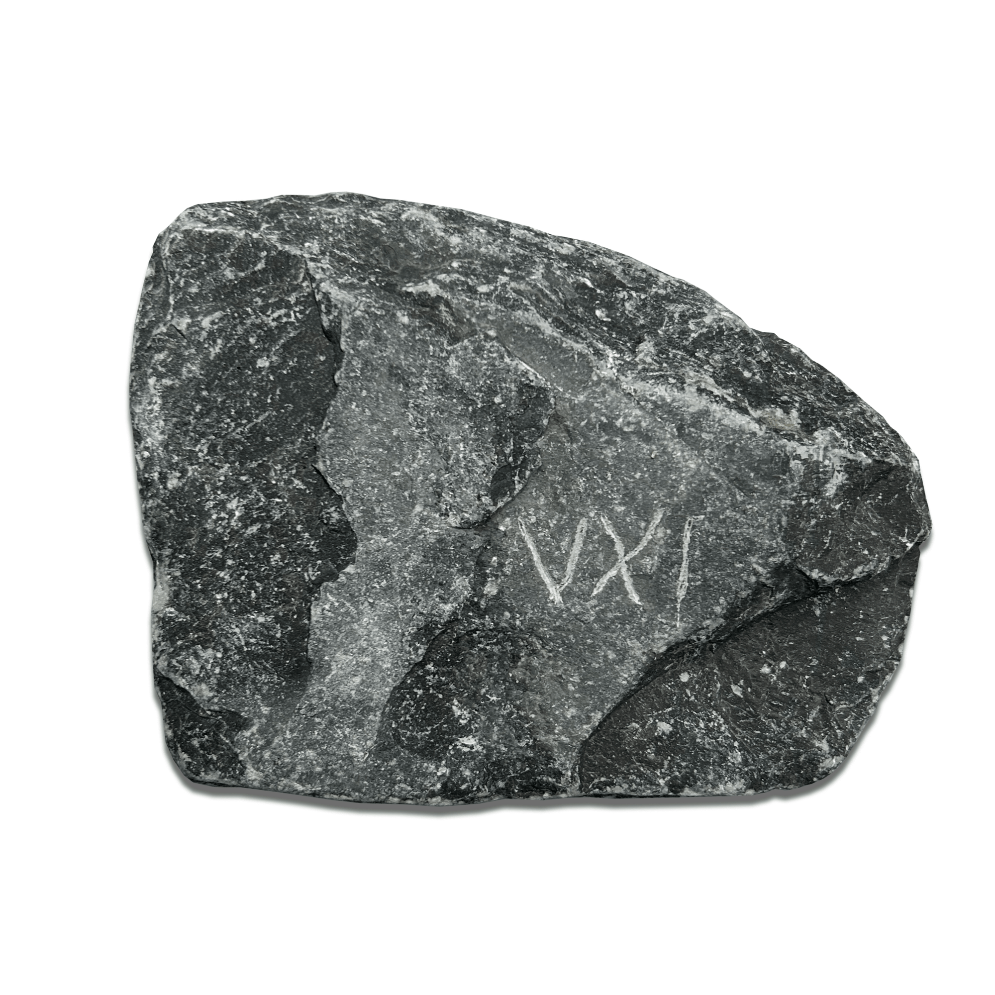 Dark stone with the inscription 'VXI' etched on its surface, showcasing a unique texture and shape.