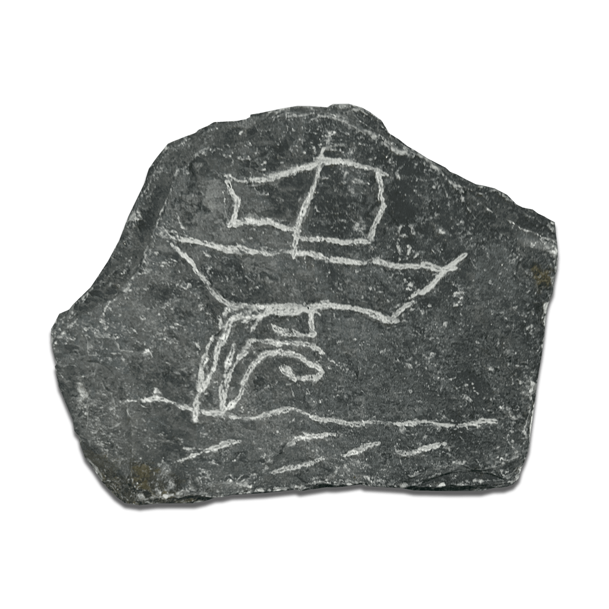 Ancient rock carving of a ship on water, showcasing historical maritime artwork.