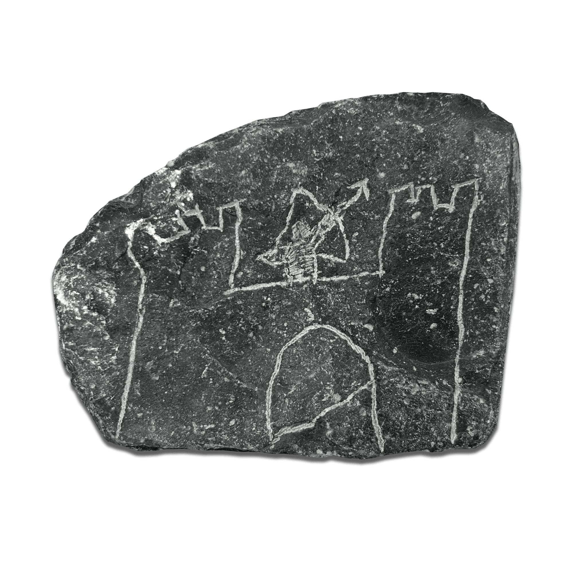 Ancient stone carving depicting a castle with a figure holding a bow and arrow.