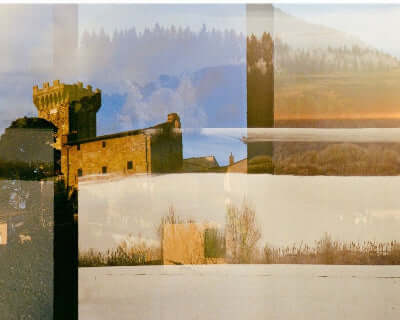 Abstract blend of a historic castle with serene mountains and fields, showcasing artistic landscape photography.