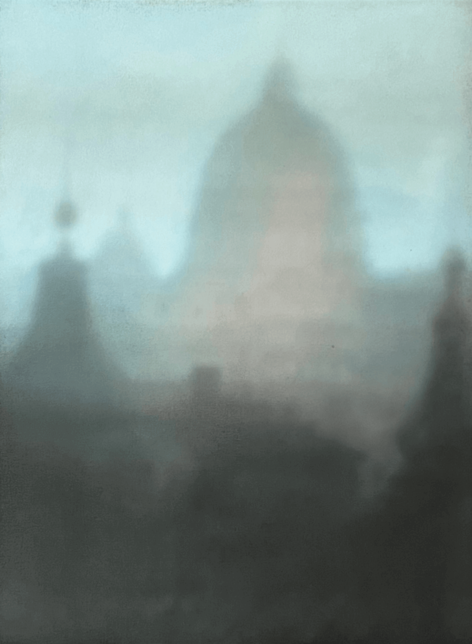 Dreamlike impression of Prague cityscape, 2004 painting by Russian artist Makarov, showing misty buildings with light and shadow.