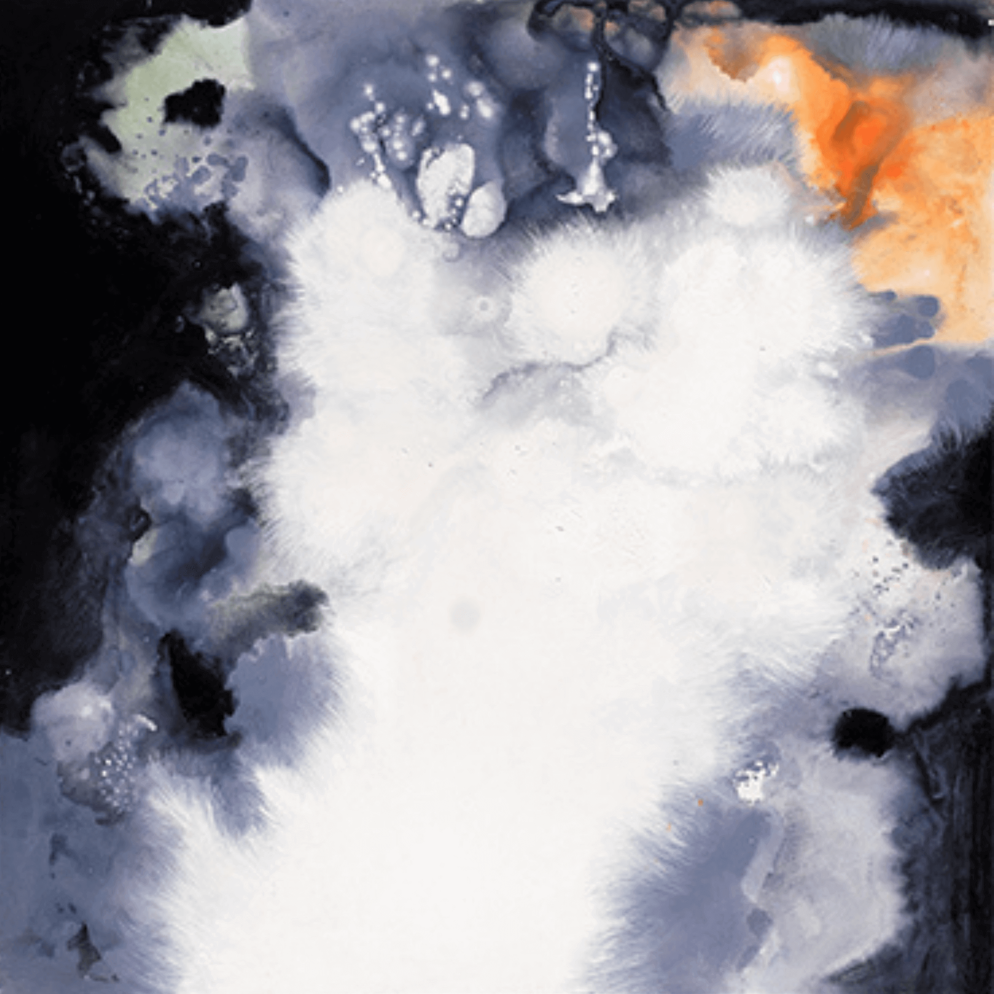 Abstract watercolor painting with dark blue and orange splashes on a white background.