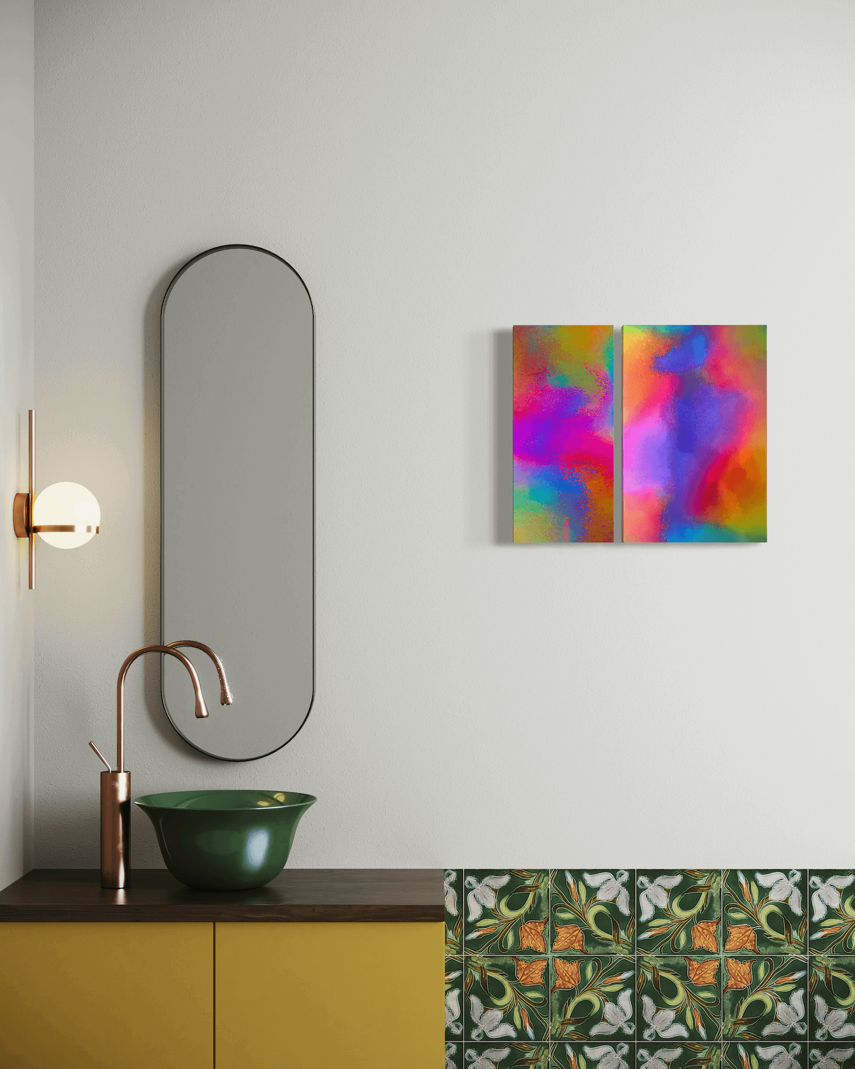 Abstract artwork Collision I + II by BRYCE on canvas, featuring vibrant colours, hung on a modern wall in a stylish room.