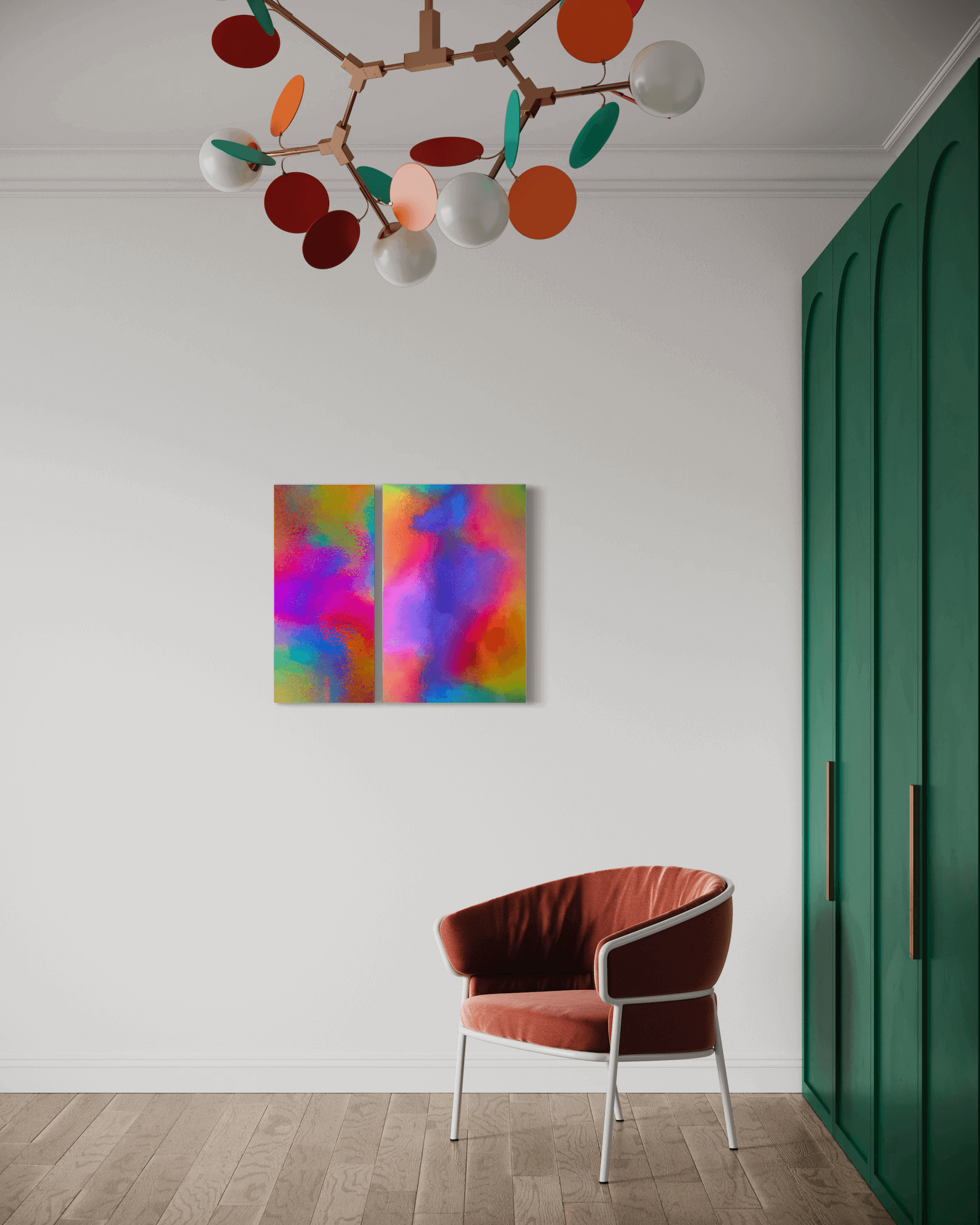 Collision I + II abstract artwork by artist BRYCE, colourful canvas in a modern room with green wardrobe, chair, and artistic ceiling light