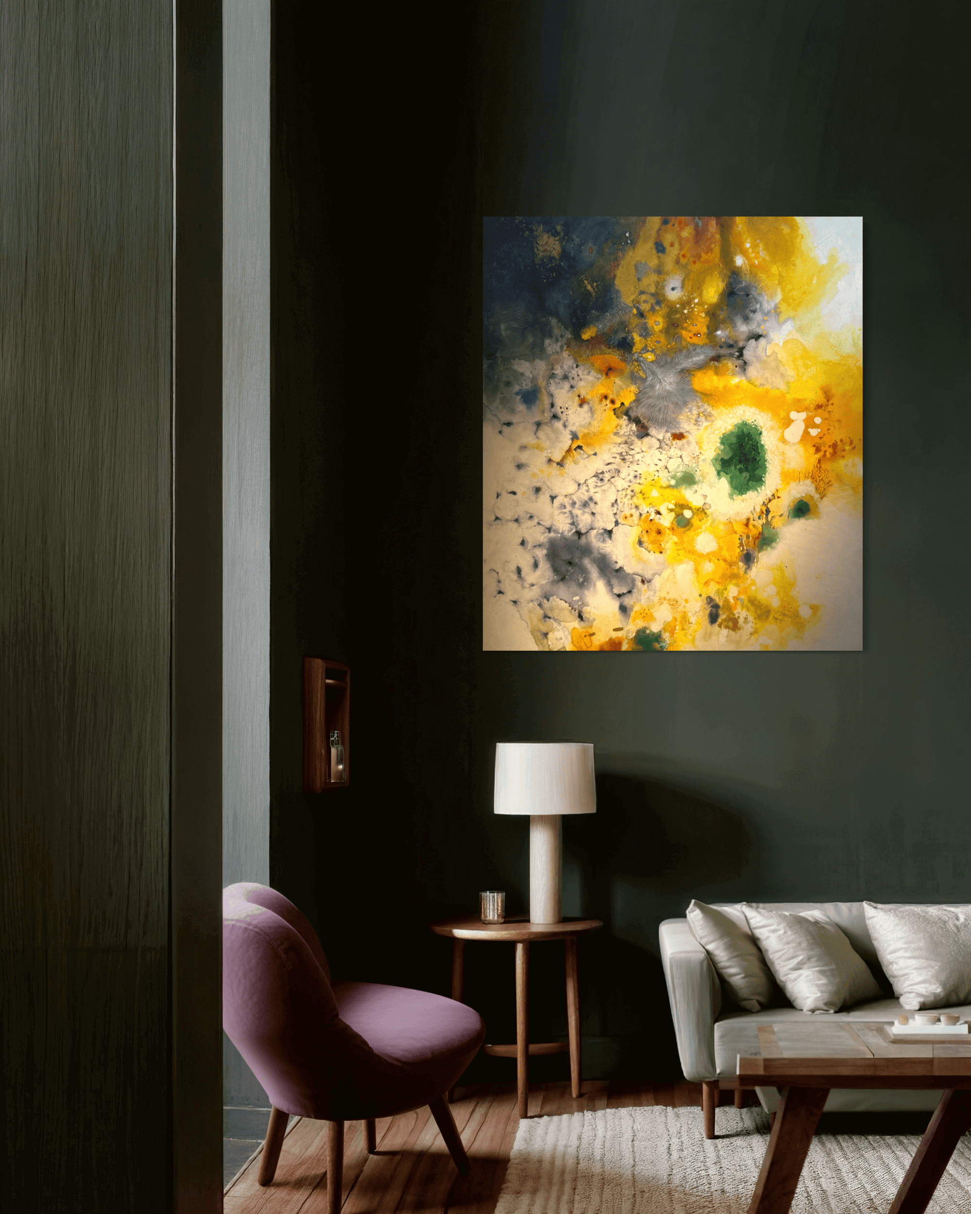 Abstract acrylic painting "Decay Is Beautiful 02" by Thai artist Supmanee Chaisansuk, hanging in a modern living room.