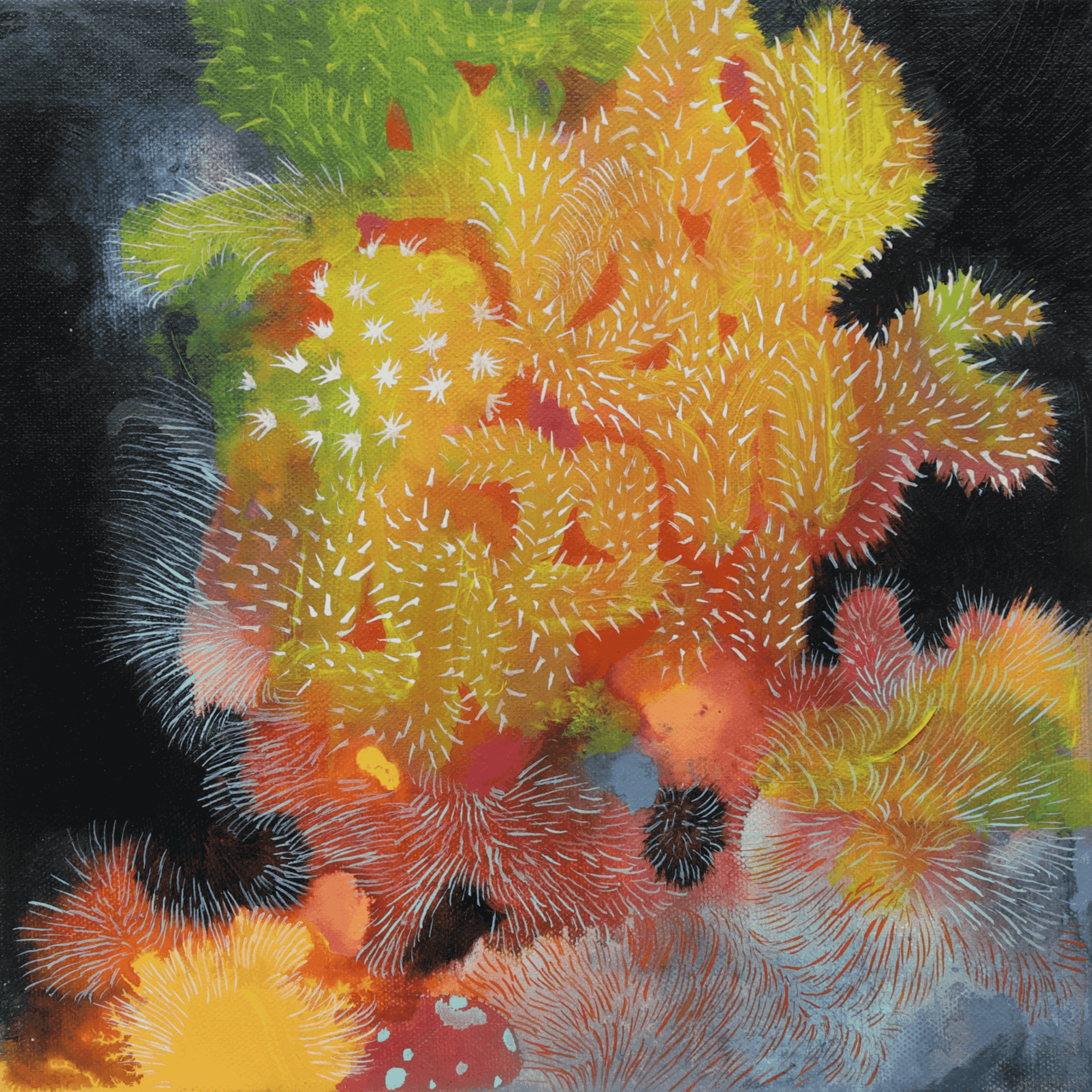 Vibrant abstract artwork featuring colorful coral-like shapes and textures on a dark background.