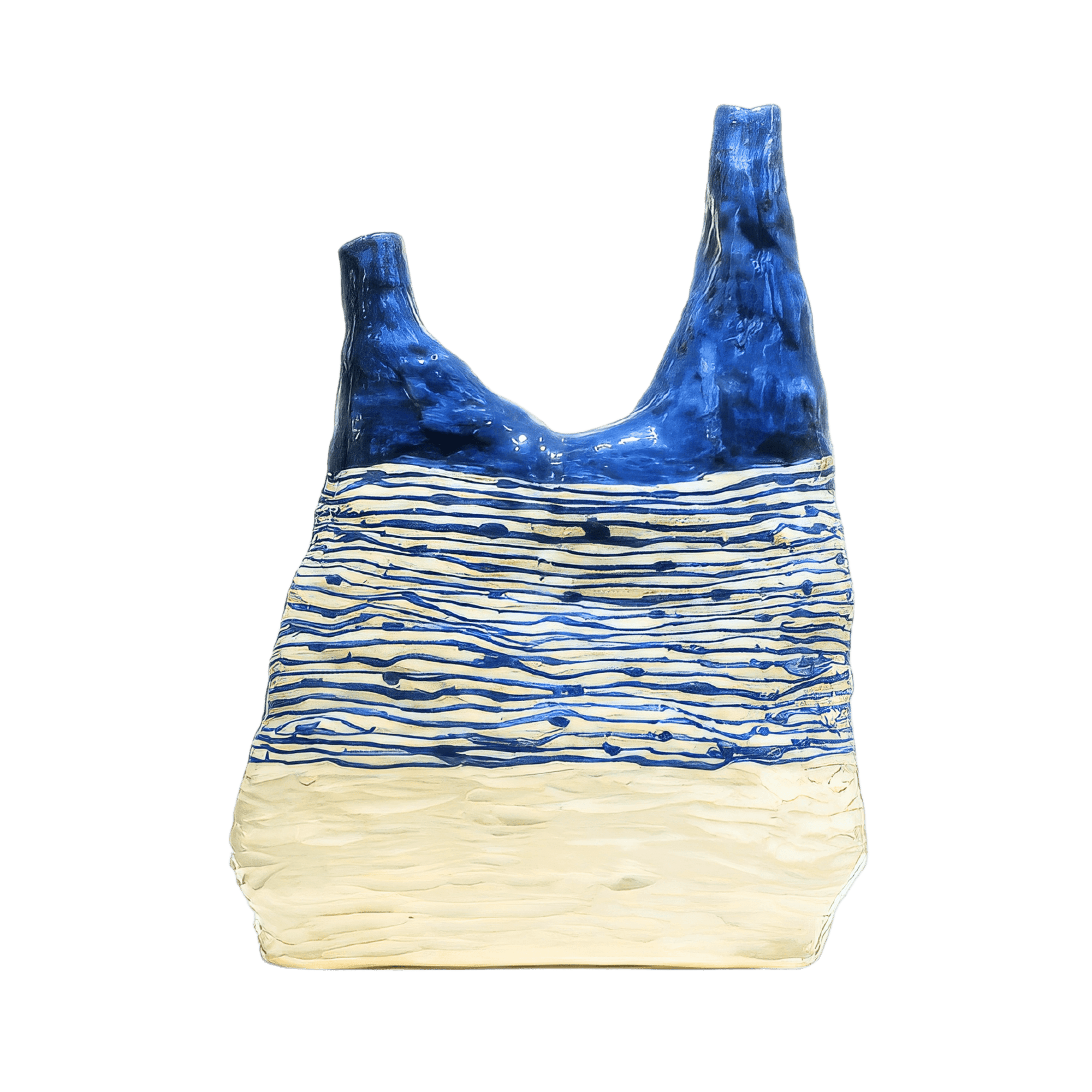 Hand-sculpted abstract ceramic artwork 'Blue Horizon' by Supmanee Chaisansuk, featuring cobalt glaze and minimalism.