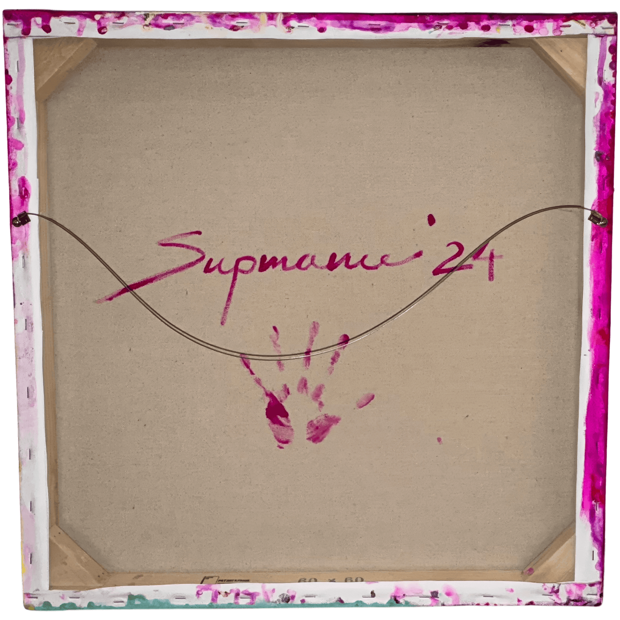 Artist Supmanee Chaisansuk's signature and handprint on the back of an unframed artwork from 2024.