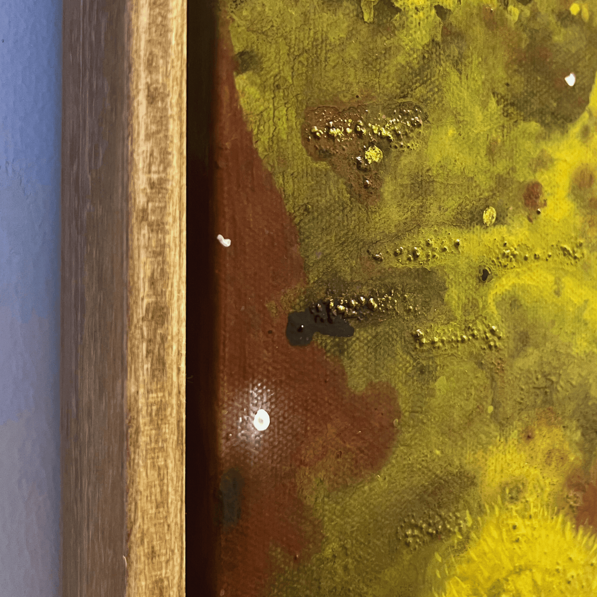 Close-up of textured surface of 'Memories of Green 05' acrylic painting by Supmanee Chaisansuk on smooth canvas.