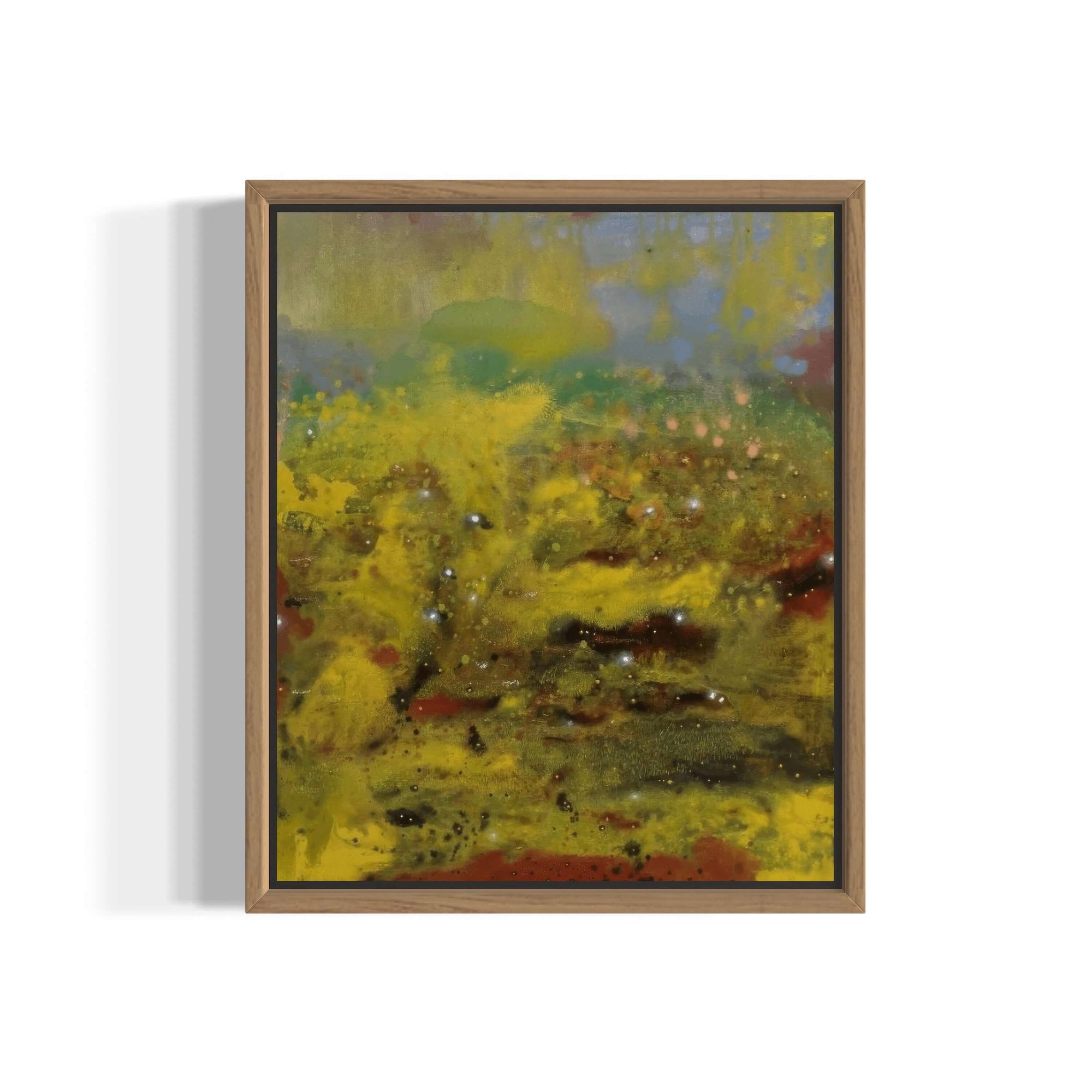 Acrylic abstract expressionism painting, vibrant yellow and green landscape with textured surface, framed artwork.