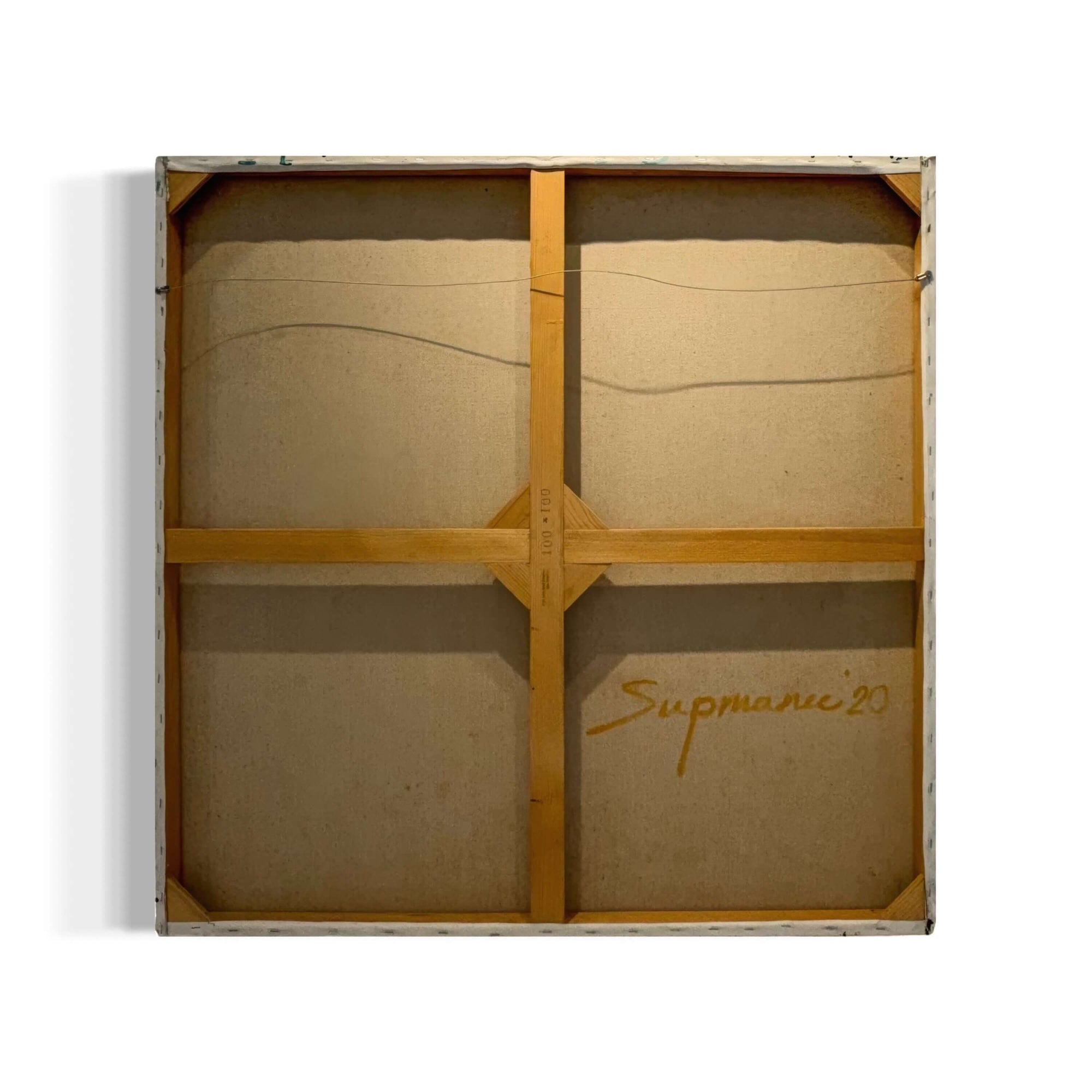 Back view of Supmanee Chaisansuk's 2019 abstract painting, showcasing the wooden frame and signature.