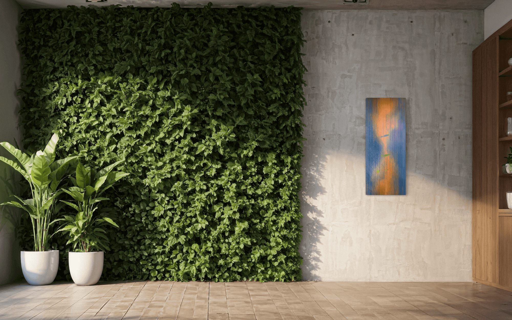 Abstract artwork "Tears" by Thai-Australian artist BRYCE, on a white wall next to a green plant, with natural light.