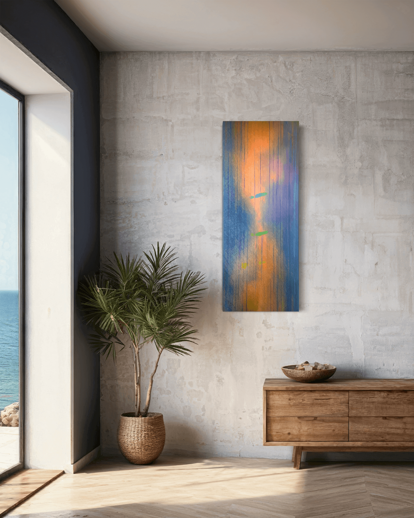 "Tears artwork by BRYCE on canvas, depicting abstract sadness in Covid-19, displayed in modern room with plant and sea view."