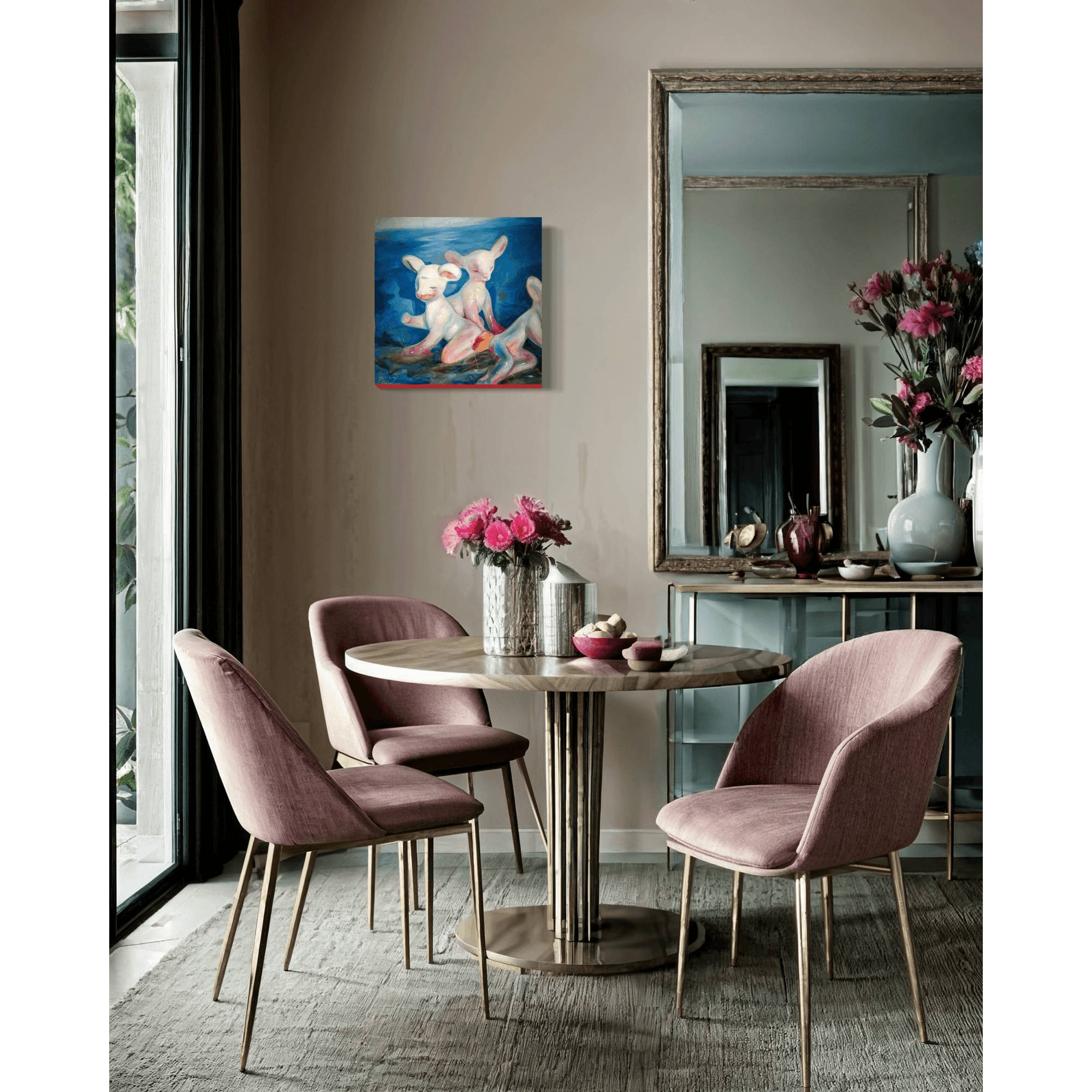 Modern dining room with pink chairs and a round table, featuring an abstract surrealism painting by artist Yasy Bachurina on the wall.