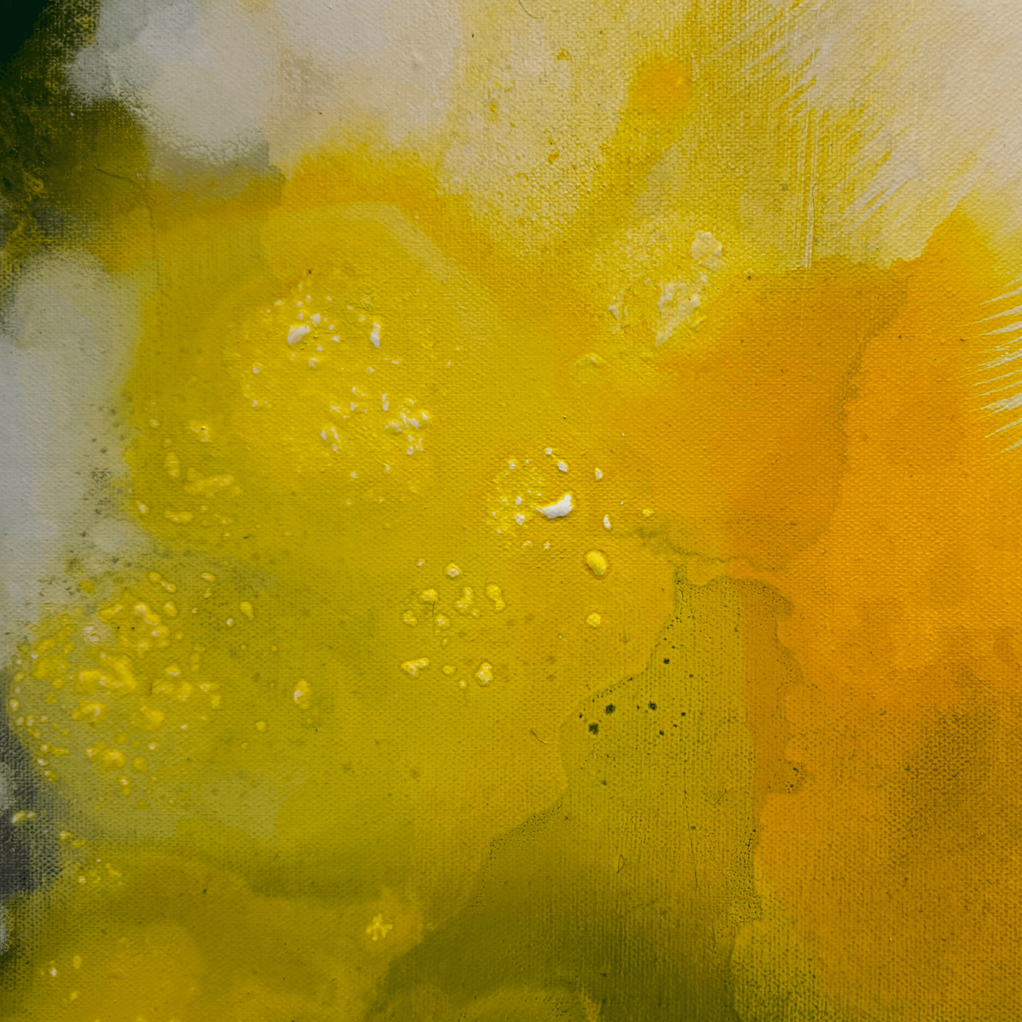 Abstract painting by Supmanee Chaisansuk, yellow and orange swirls on textured canvas, 2020, evokes calm and comfort.