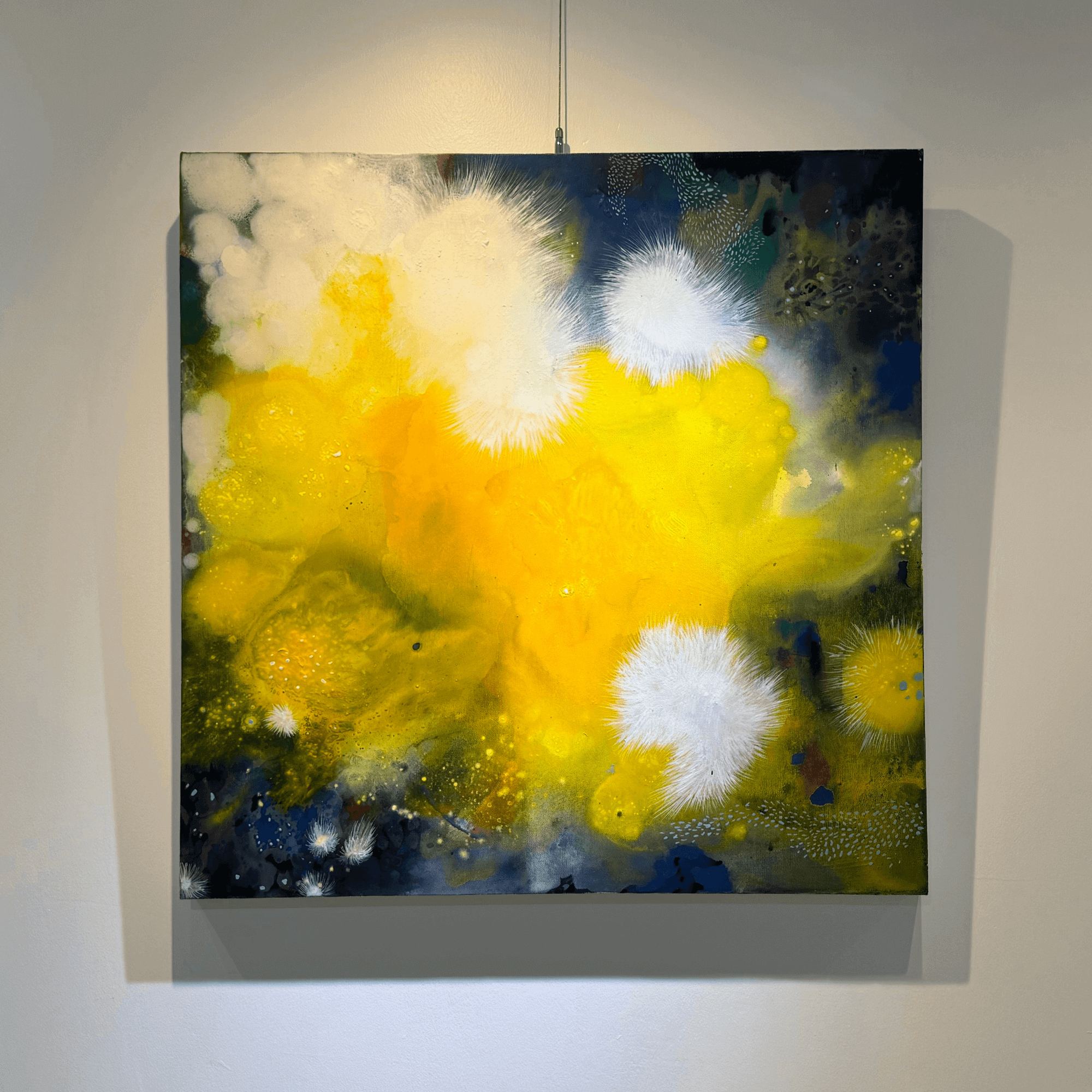 Abstract yellow and white painting on canvas by Thai artist Supmanee Chaisansuk, unframed, textured surface, 80x80x4.5 cm, 2020. Ready to hang.