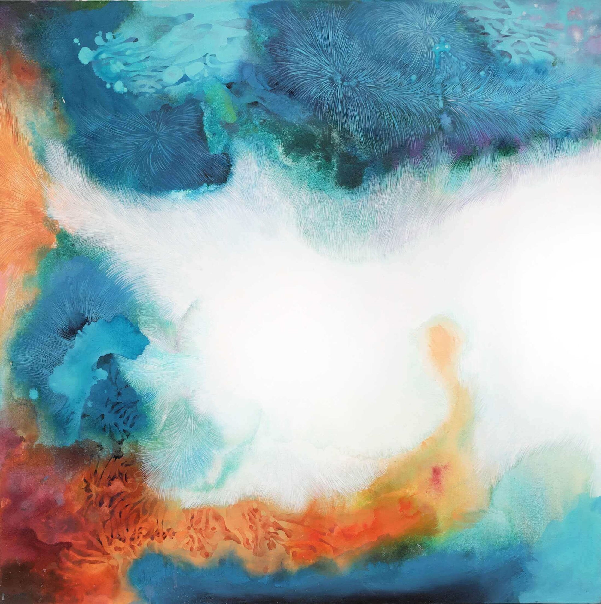 Abstract painting by Thai artist Supmanee Chaisansuk, titled White Fur 01. Features blue, orange, and white textures. Acrylic on canvas, 100x100 cm.