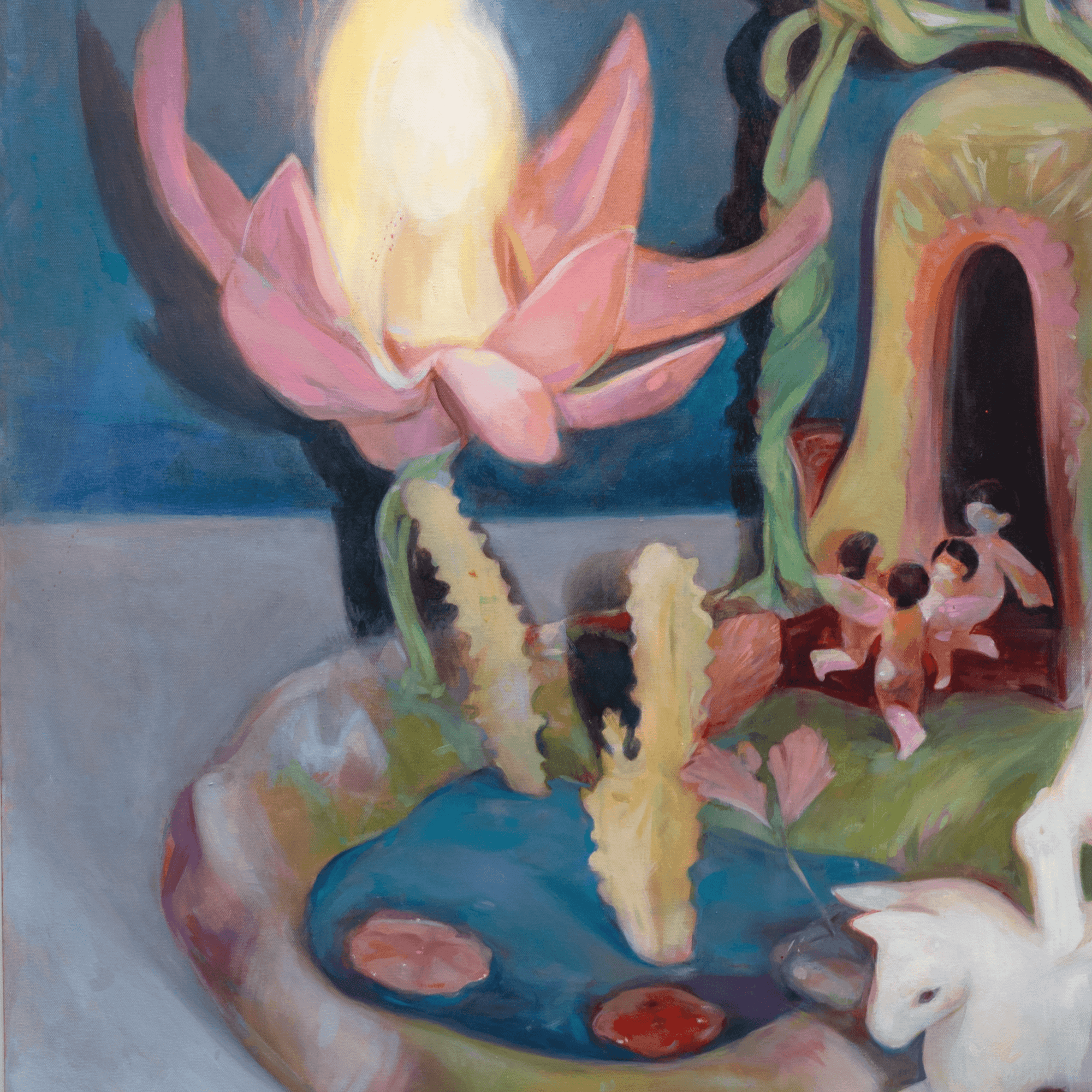 Abstract surrealism painting featuring a pink lotus, whimsical figures, and vibrant colors by artist Yasy Bachurina.