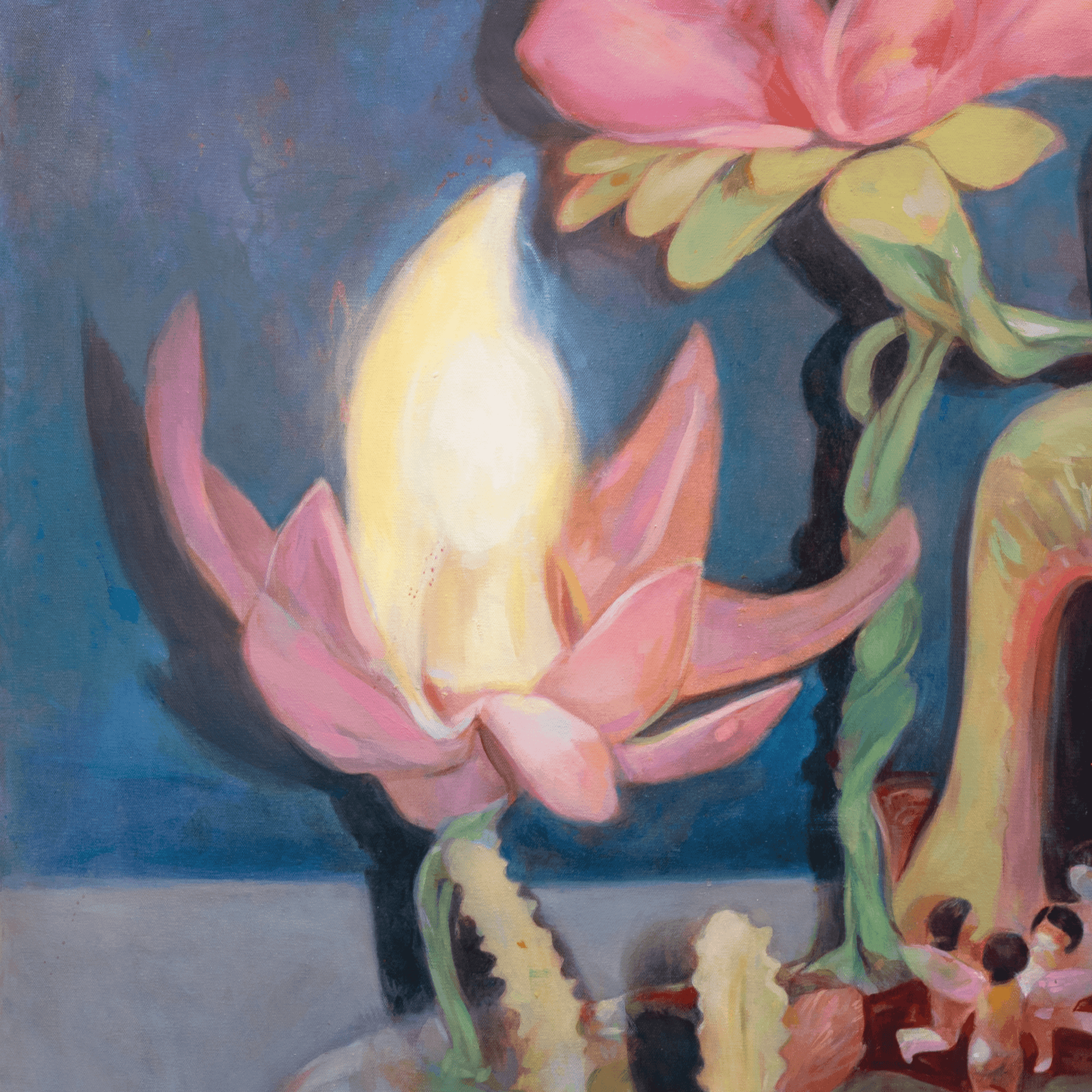 Abstract surreal painting of pink lotus flowers with a glowing white center, blending acrylic and oil techniques.