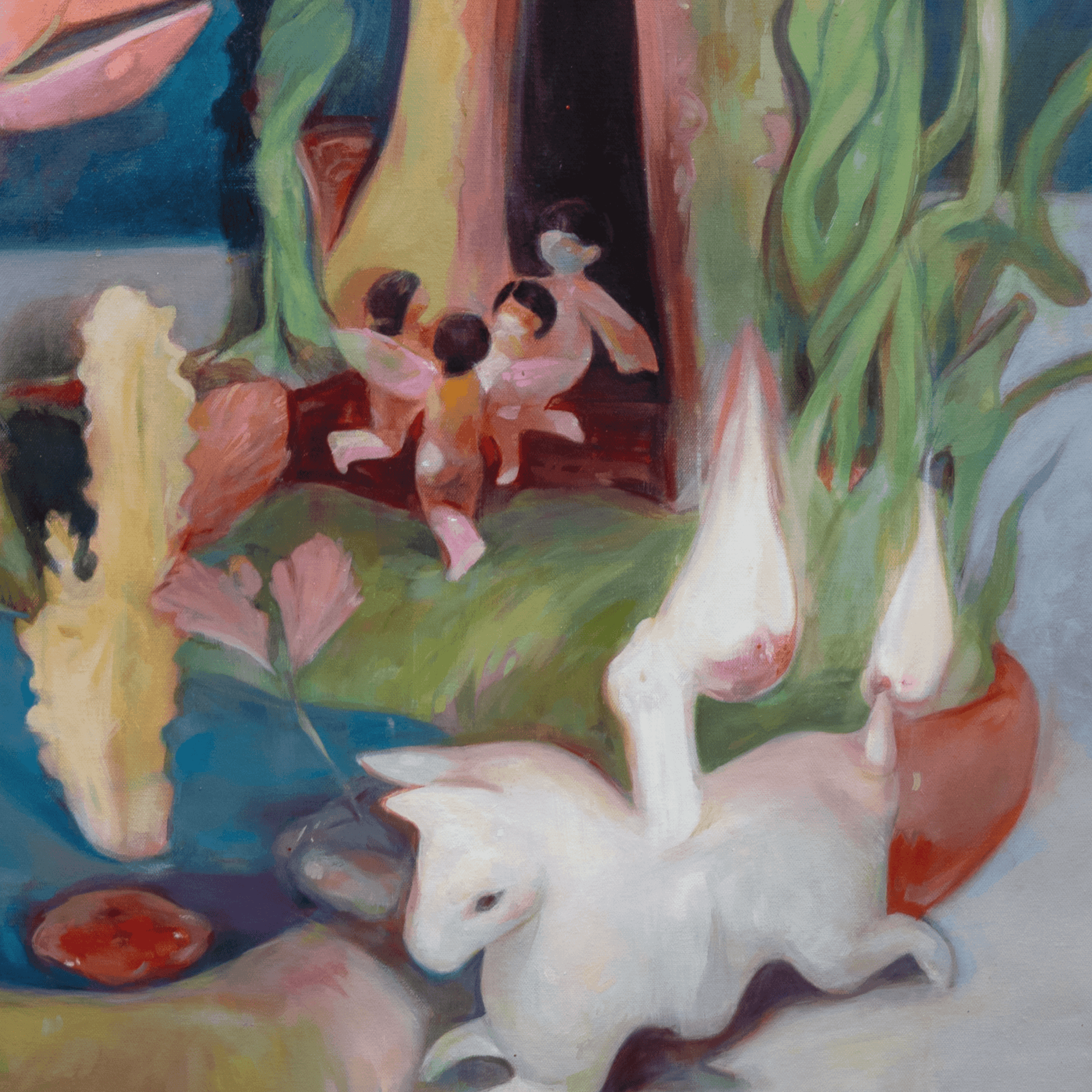 Abstract surreal painting featuring fairies, a white creature, and vibrant plants by artist Yasy Bachurina.