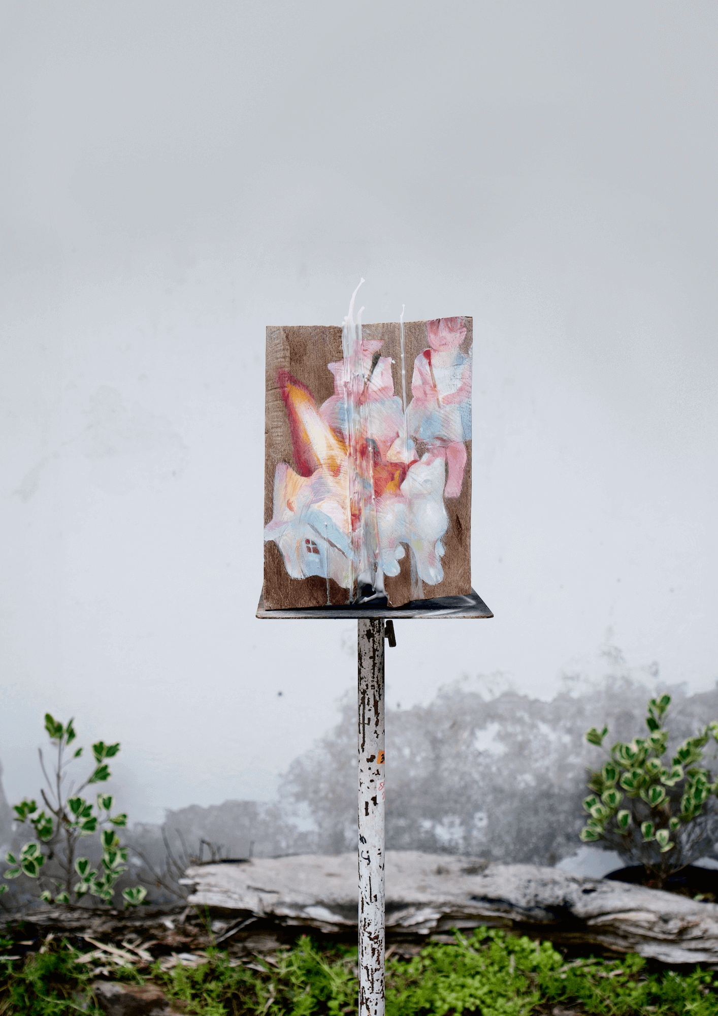 Abstract surrealist painting "Matches as a Toy" by Yasy Bachurina on a weathered stand, outdoor backdrop. Acrylic and oil on wood panel.