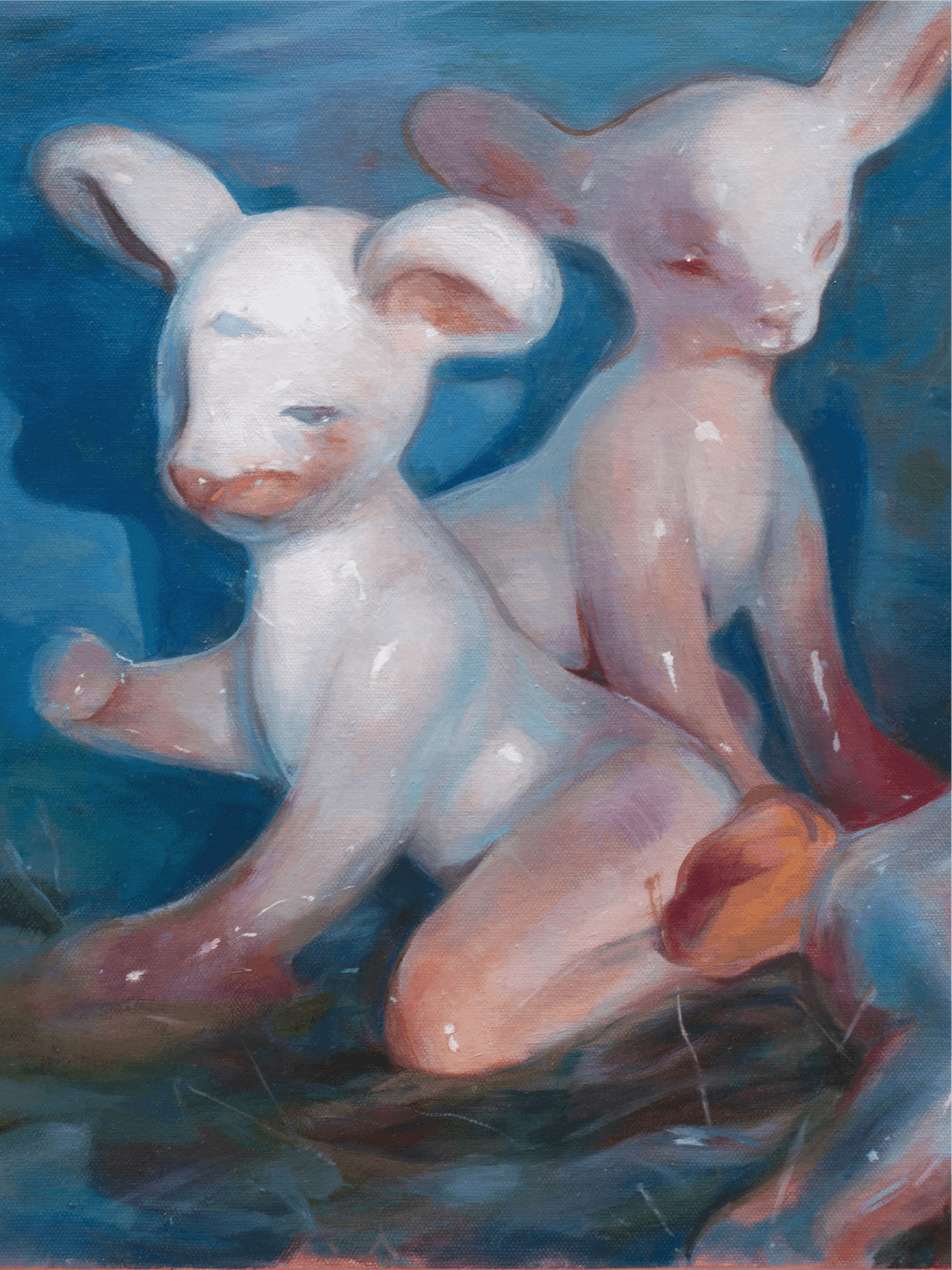 Abstract surrealism painting by Yasy Bachurina featuring two white lambs with textured brushstrokes and blue background.