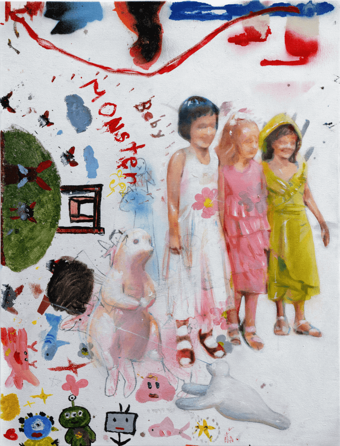 Children in colorful costumes with creative abstract art and doodles in the background.