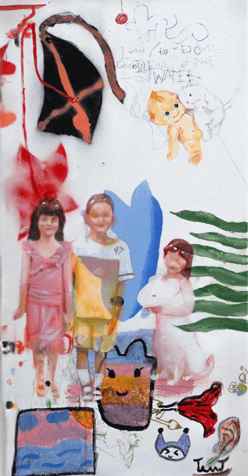 Abstract collage with painted figures, colorful patterns, and animal doodles on a textured background.