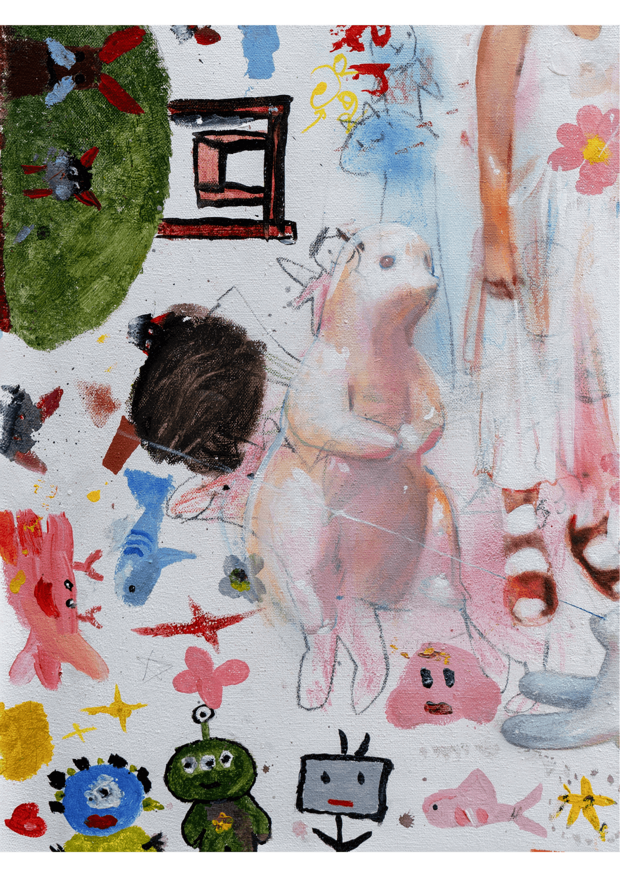 Abstract surreal painting by Yasy Bachurina, featuring a white rabbit, person in white dress, and colourful doodles. Acrylic and oil on canvas.