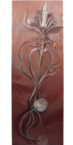 Abstract floral painting with intertwined stems and buds on a reddish-brown background, showcasing a unique artistic style.