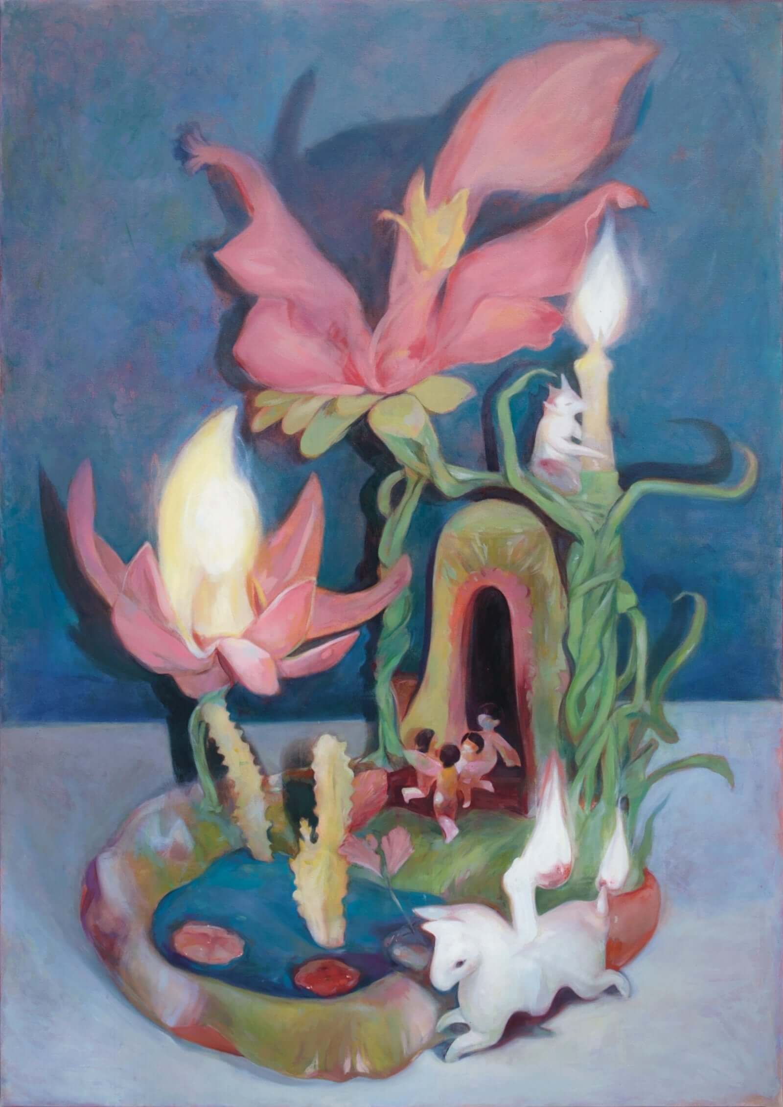 Surreal artwork featuring large pink flowers, a pond, candles, and a small house with figures, evoking a whimsical, dreamlike scene.