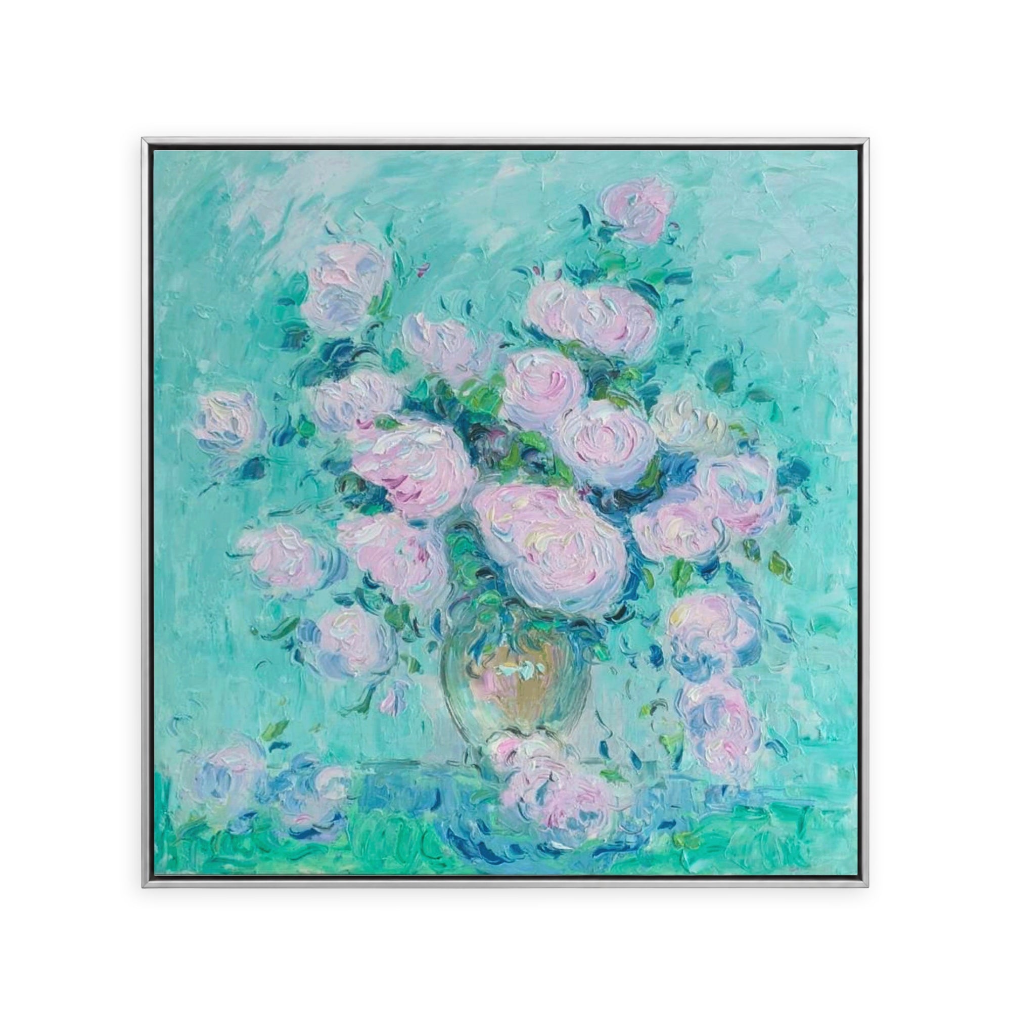 Clouds in a Celadon Vase (2026) with vibrant pink roses against a soothing turquoise background.