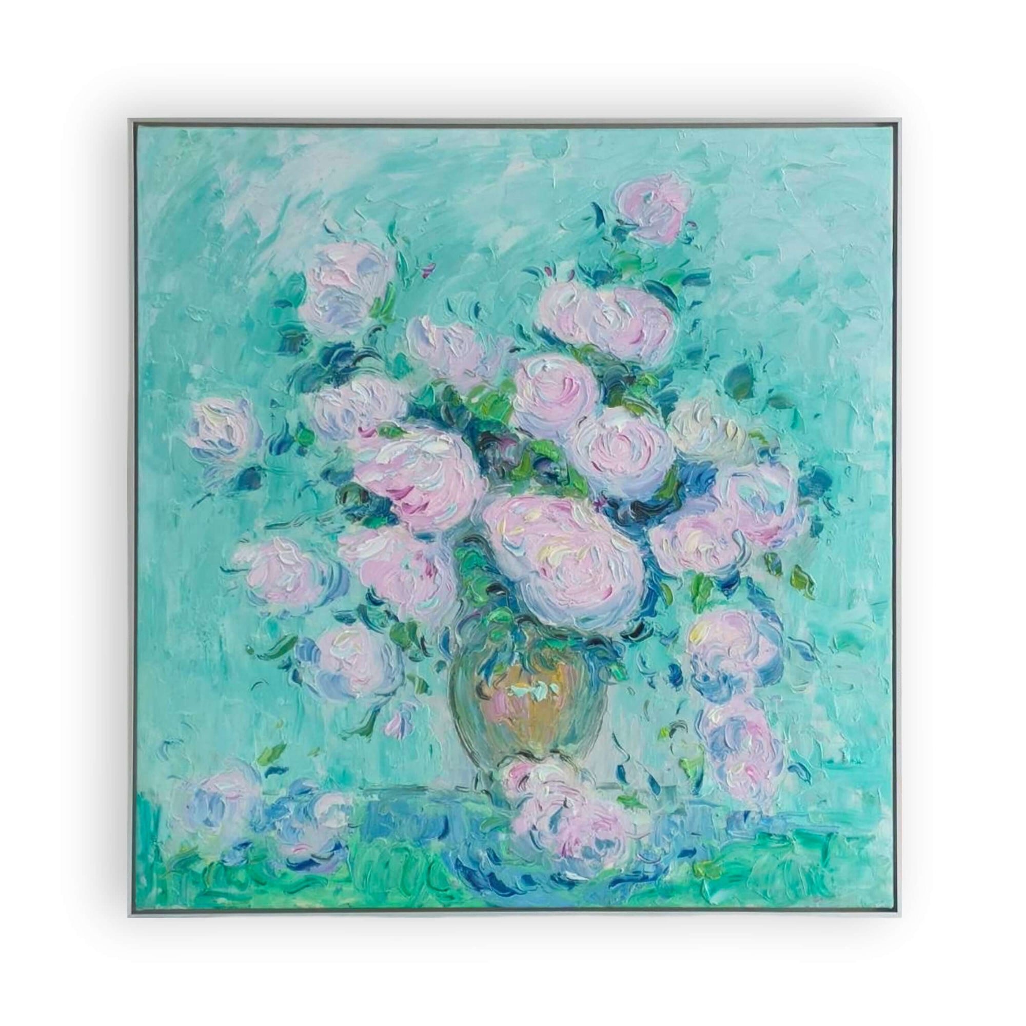 Clouds in a Celadon Vase (2026) with vibrant pink roses against a soothing turquoise background.
