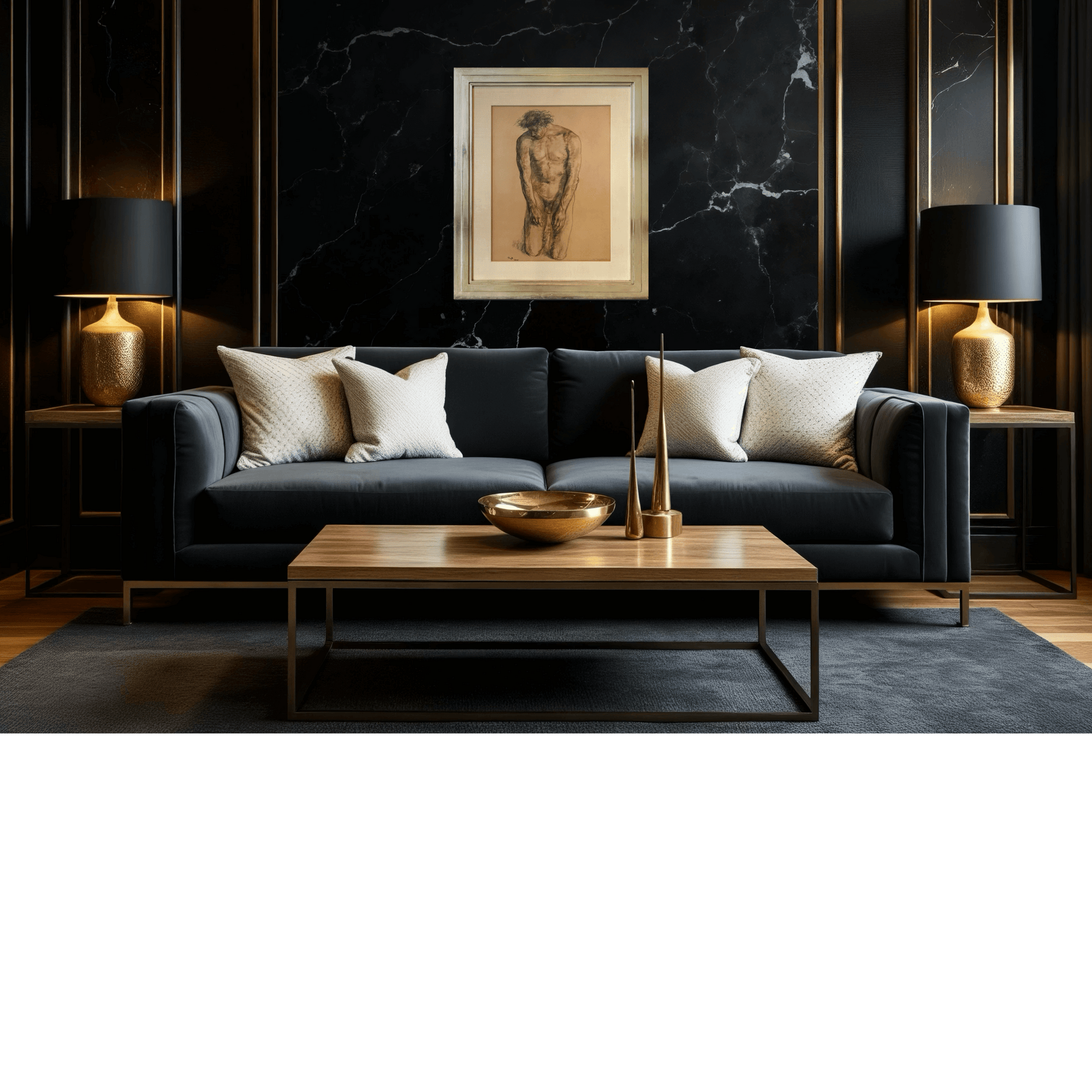 Elegant living room with Francisco Zúñiga's drawing "Desnudo" in a white gold frame on a black wall, styled with modern furniture.