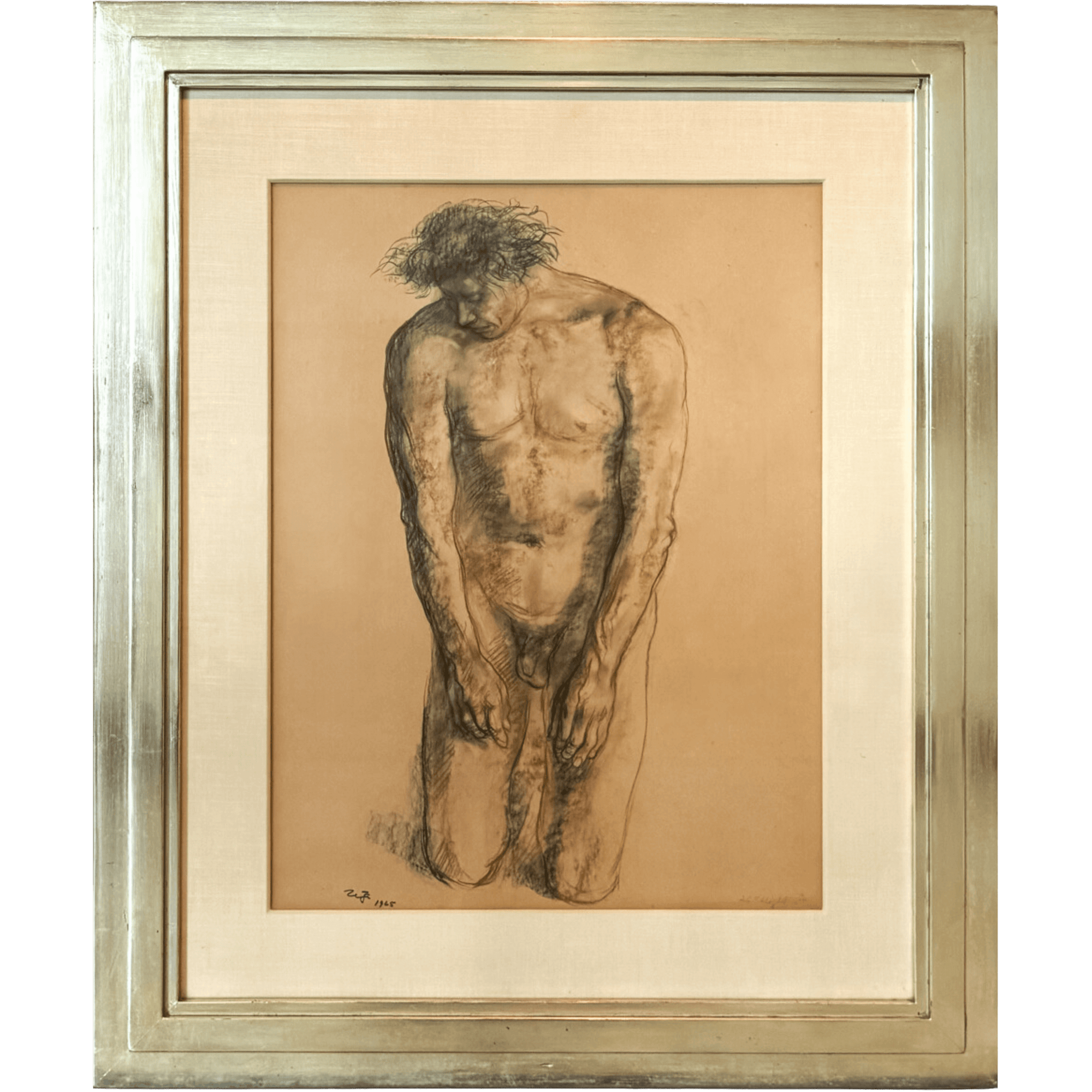 Figurative drawing "Desnudo" by Francisco Zúñiga, 1965, charcoal and sepia on paper, framed in white gold frame, 64 cm high.