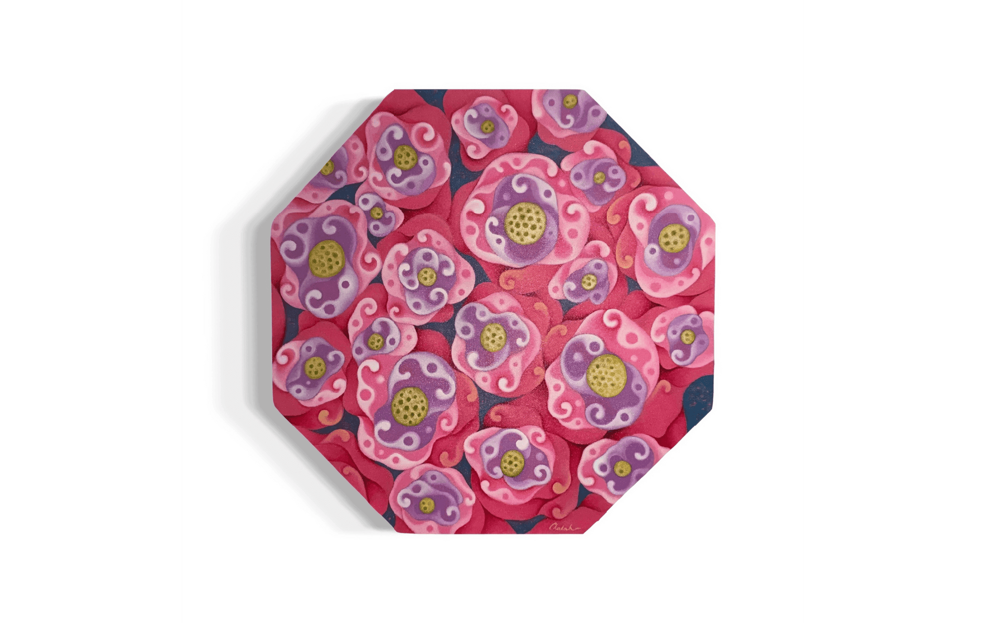 Pink Lotus (2022) oil painting by Chalah Chaveesuk featuring vibrant pink and violet lotus flowers.
